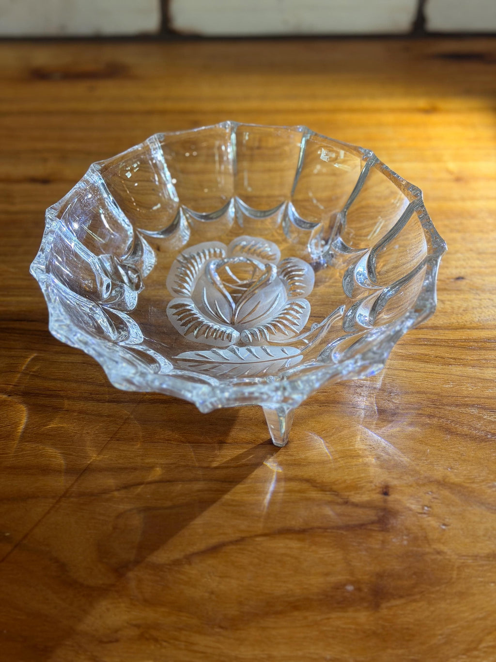 Vintage German Hand-Cut Crystal Footed Bowl | Rose Floral Mid-Century Centerpiece