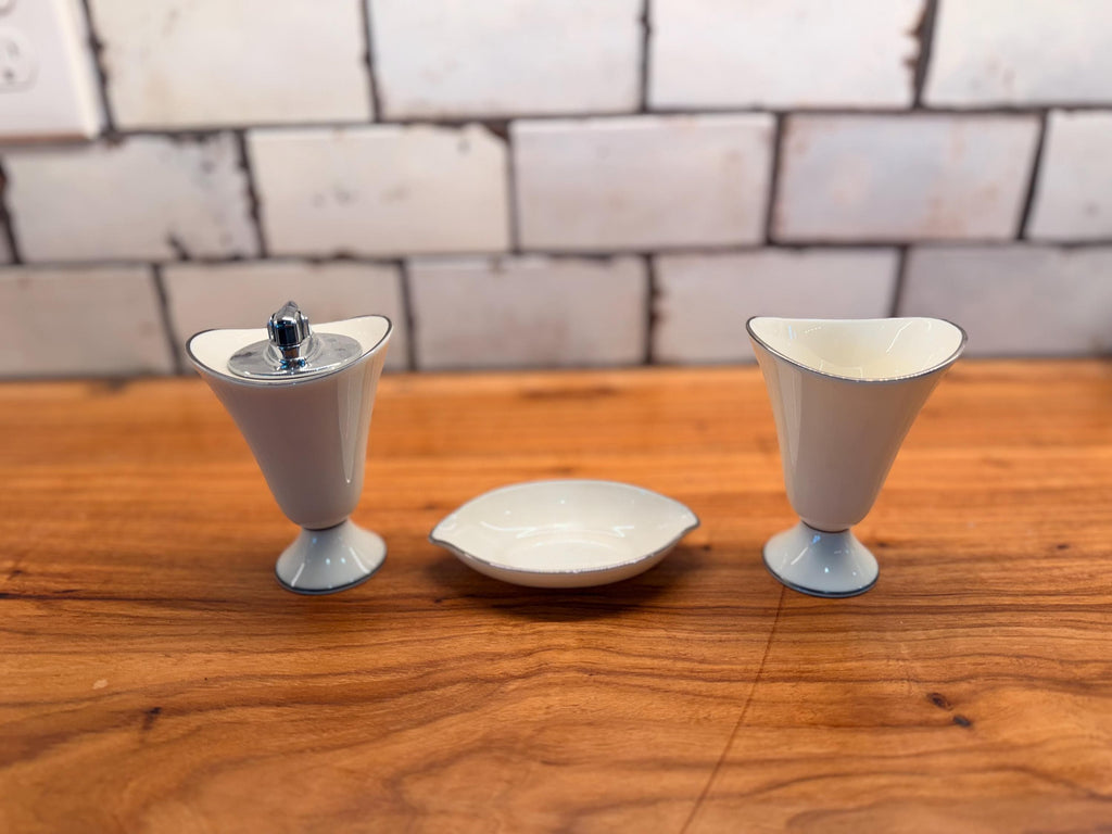 Lenox Ivory China Smoking Set | Mid Century Cigarette Lighter, Holder & Ashtray | Silver Trim Tobacciana Set