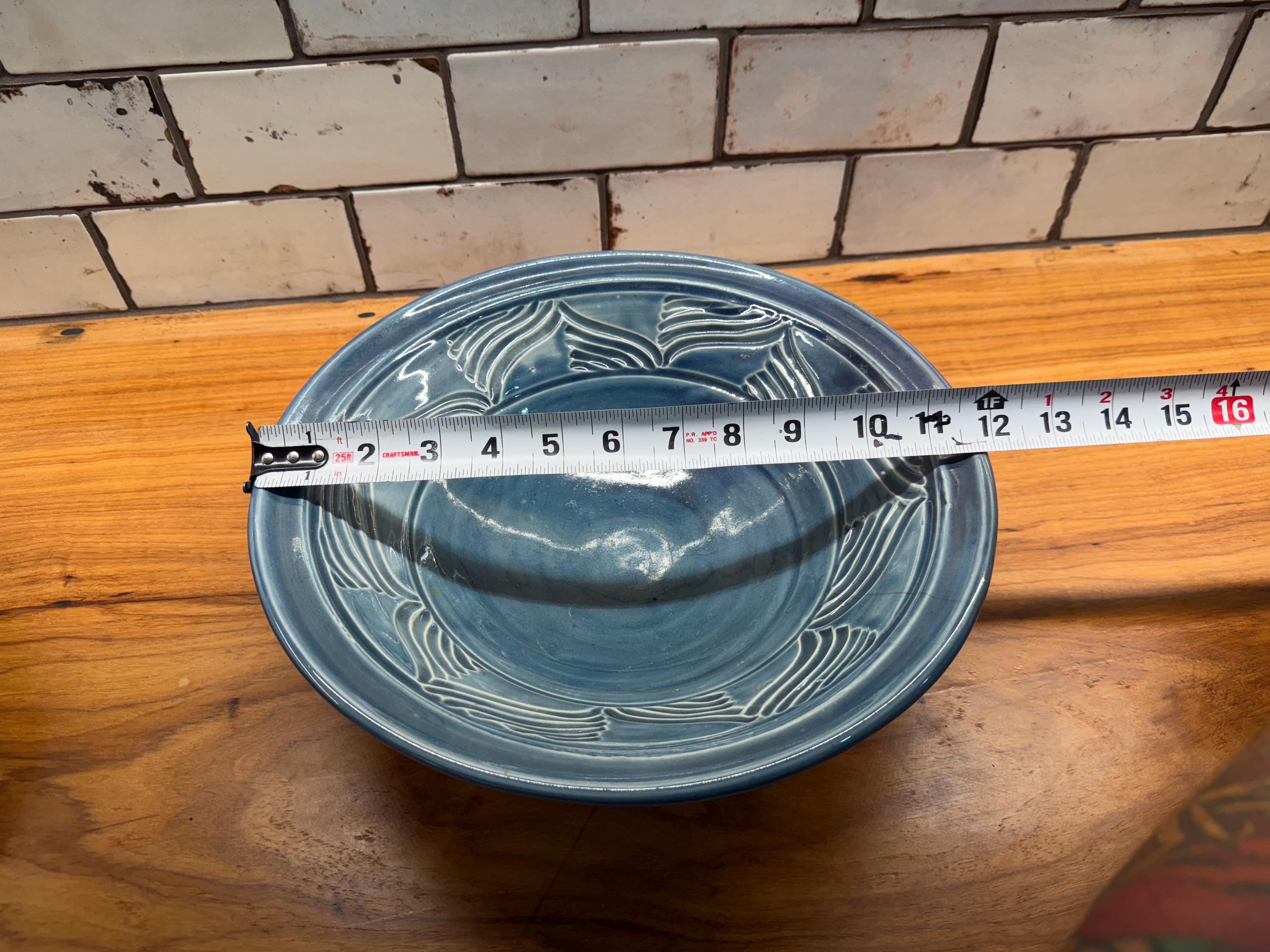Signed Studio Pottery Chip & Dip Serving Bowl Blue Stoneware Embossed Leaf Pattern
