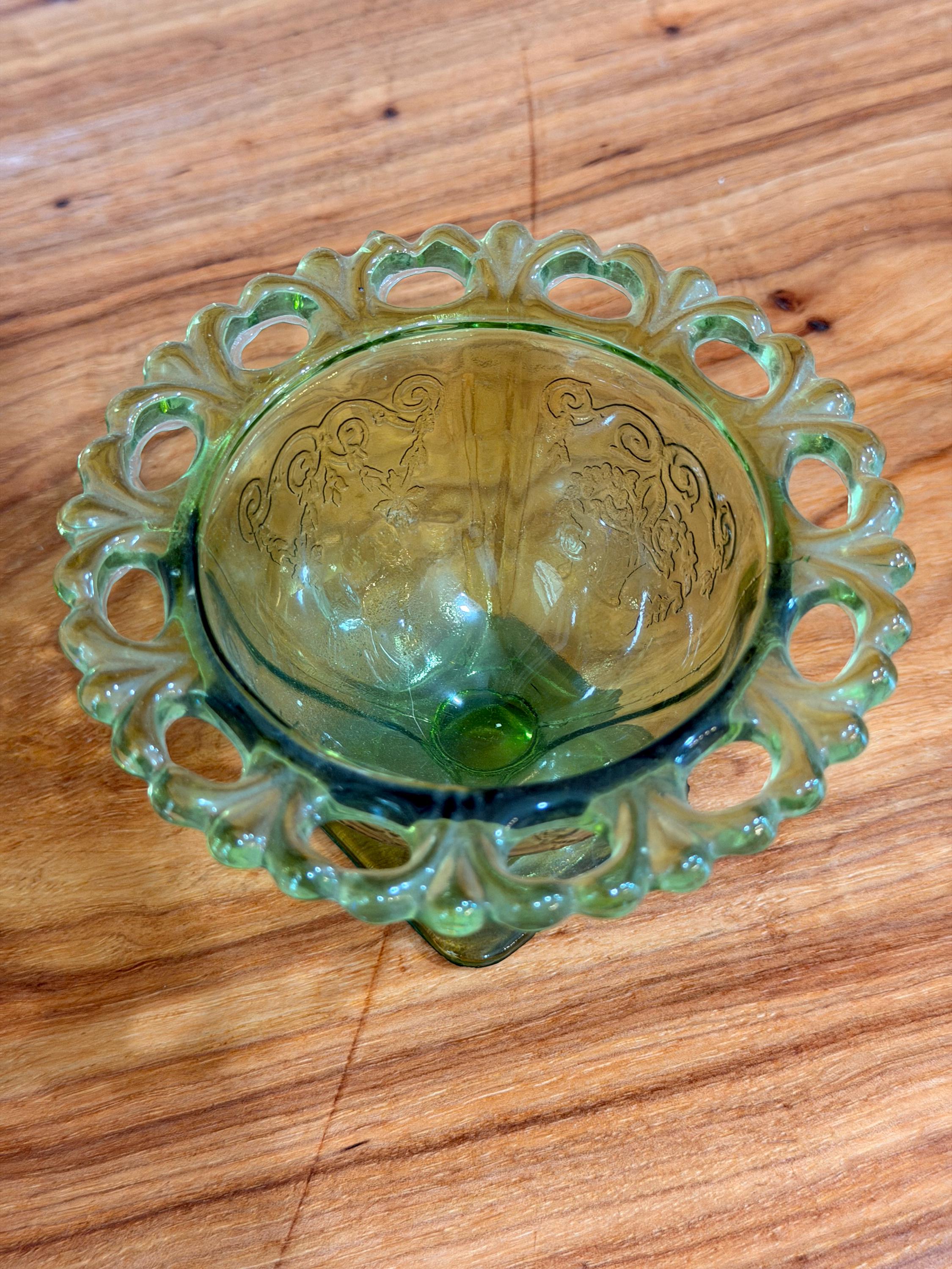 Vintage Indiana Glass Compote | Olive Green Wild Rose Pedestal Candy Dish