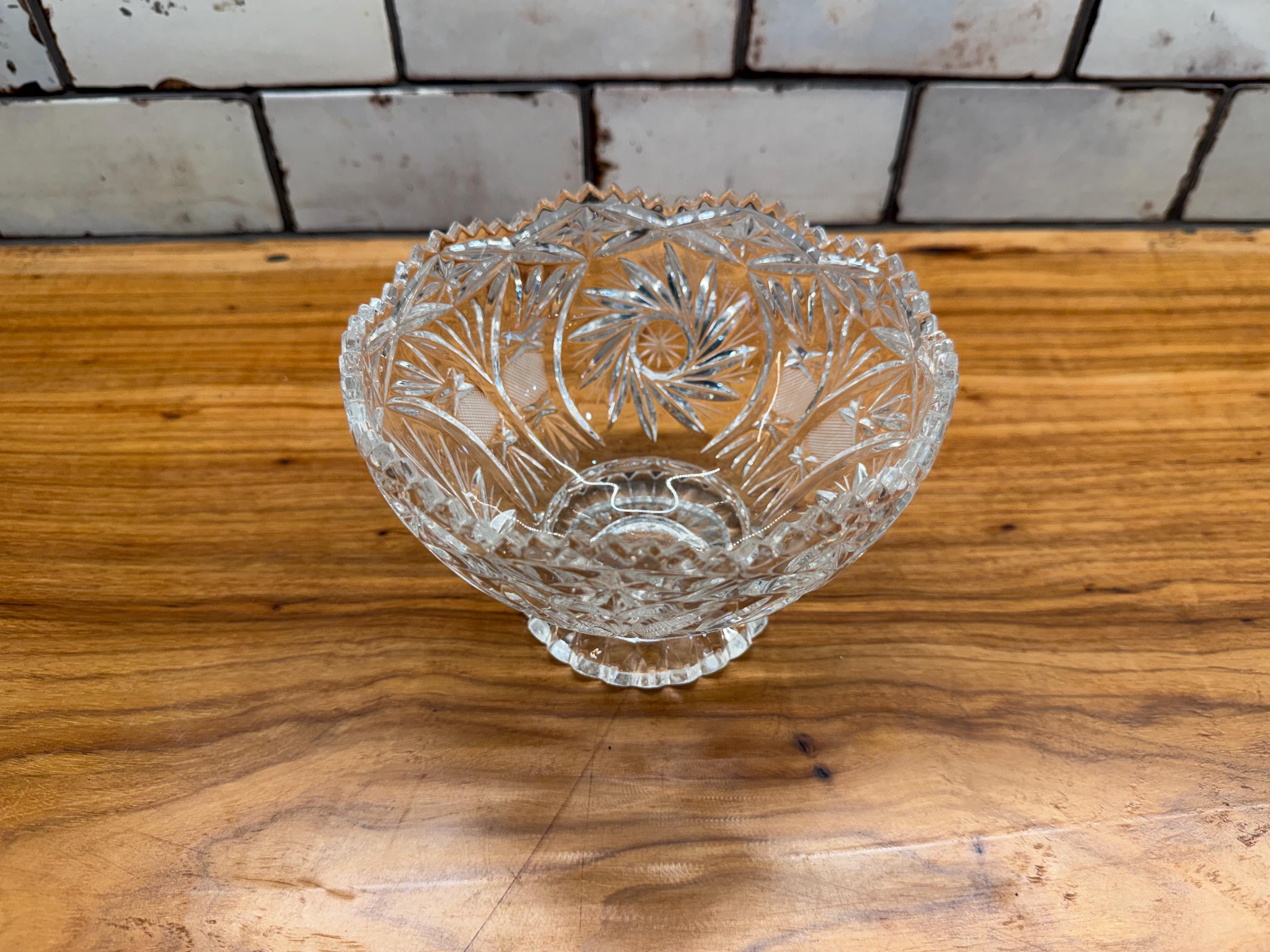Vintage Cut Crystal Pedestal Compote Bowl | Pinwheel Sawtooth Rim Candy Dish