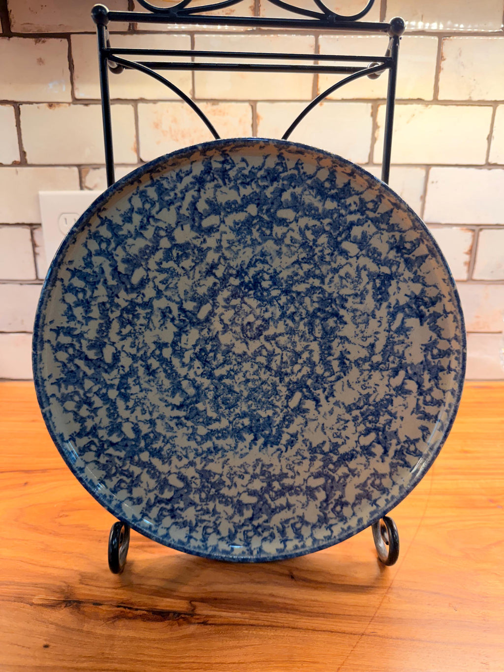 Vintage Robinson Ransbottom Blue Spongeware Pizza Pan | Rustic Farmhouse Stoneware Serving Plate