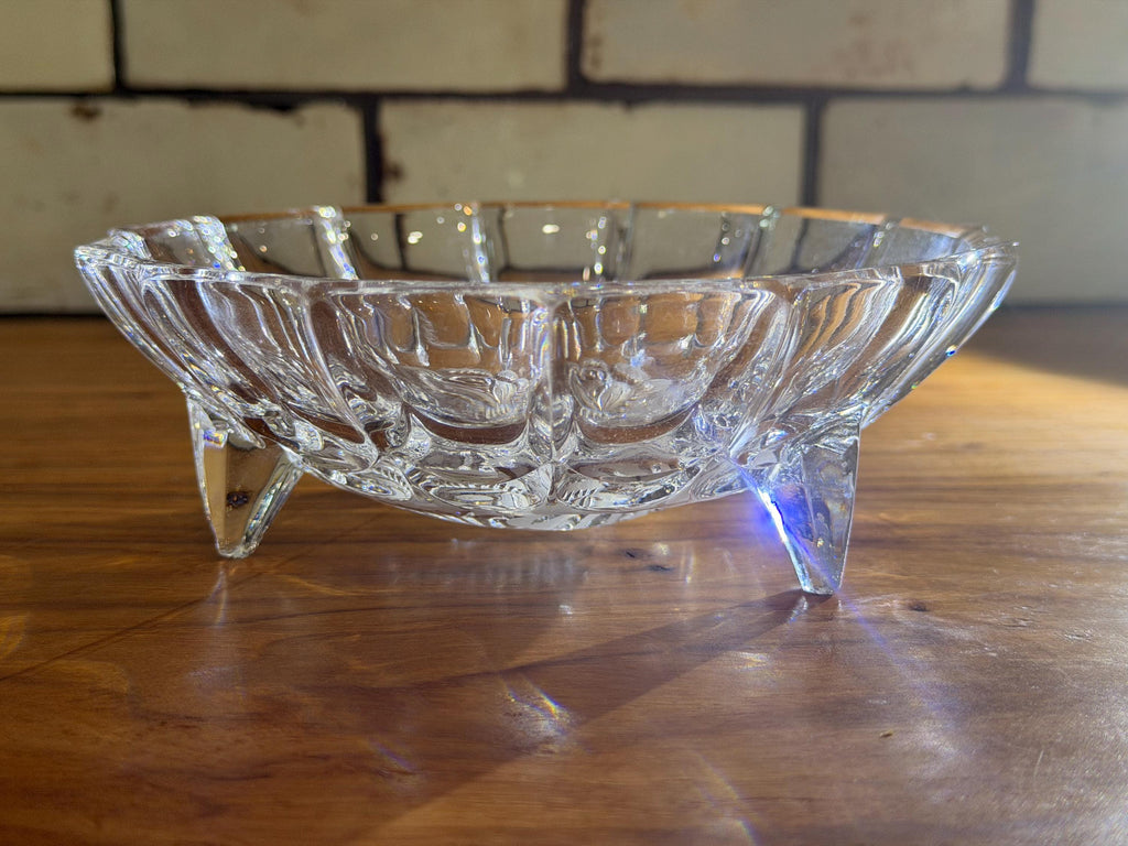 Vintage German Hand-Cut Crystal Footed Bowl | Rose Floral Mid-Century Centerpiece