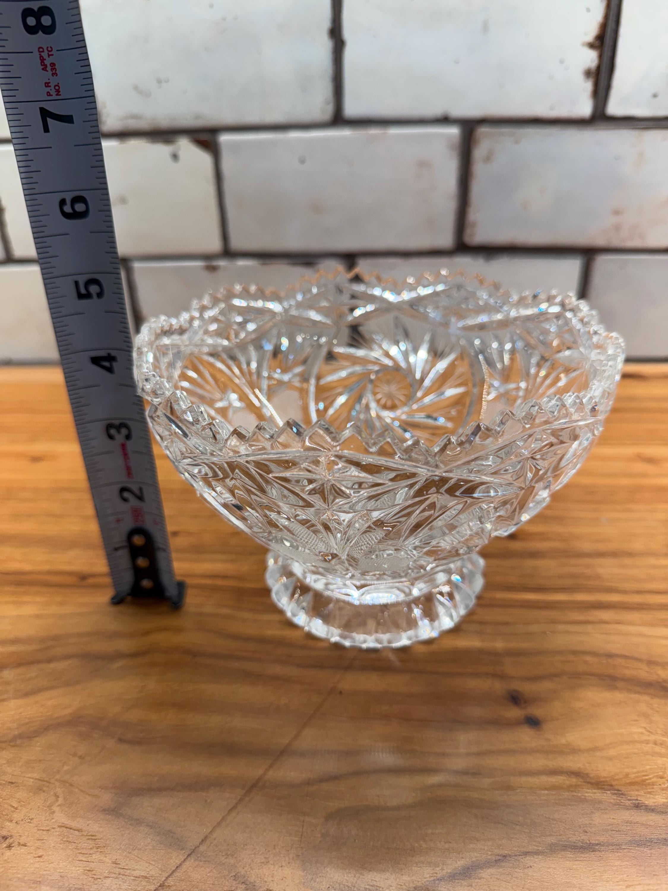 Vintage Cut Crystal Pedestal Compote Bowl | Pinwheel Sawtooth Rim Candy Dish