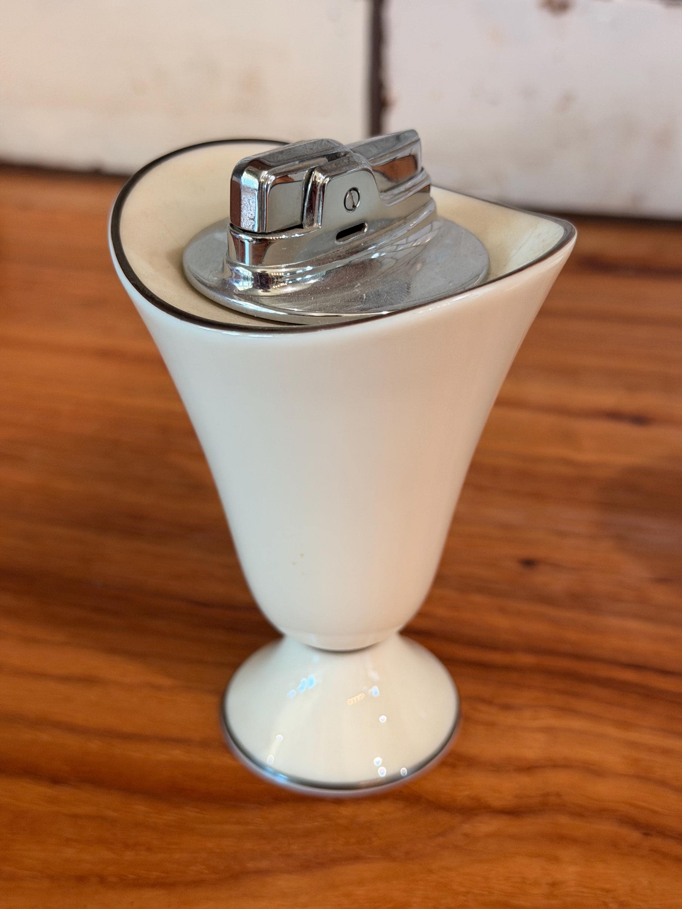 Lenox Ivory China Smoking Set | Mid Century Cigarette Lighter, Holder & Ashtray | Silver Trim Tobacciana Set