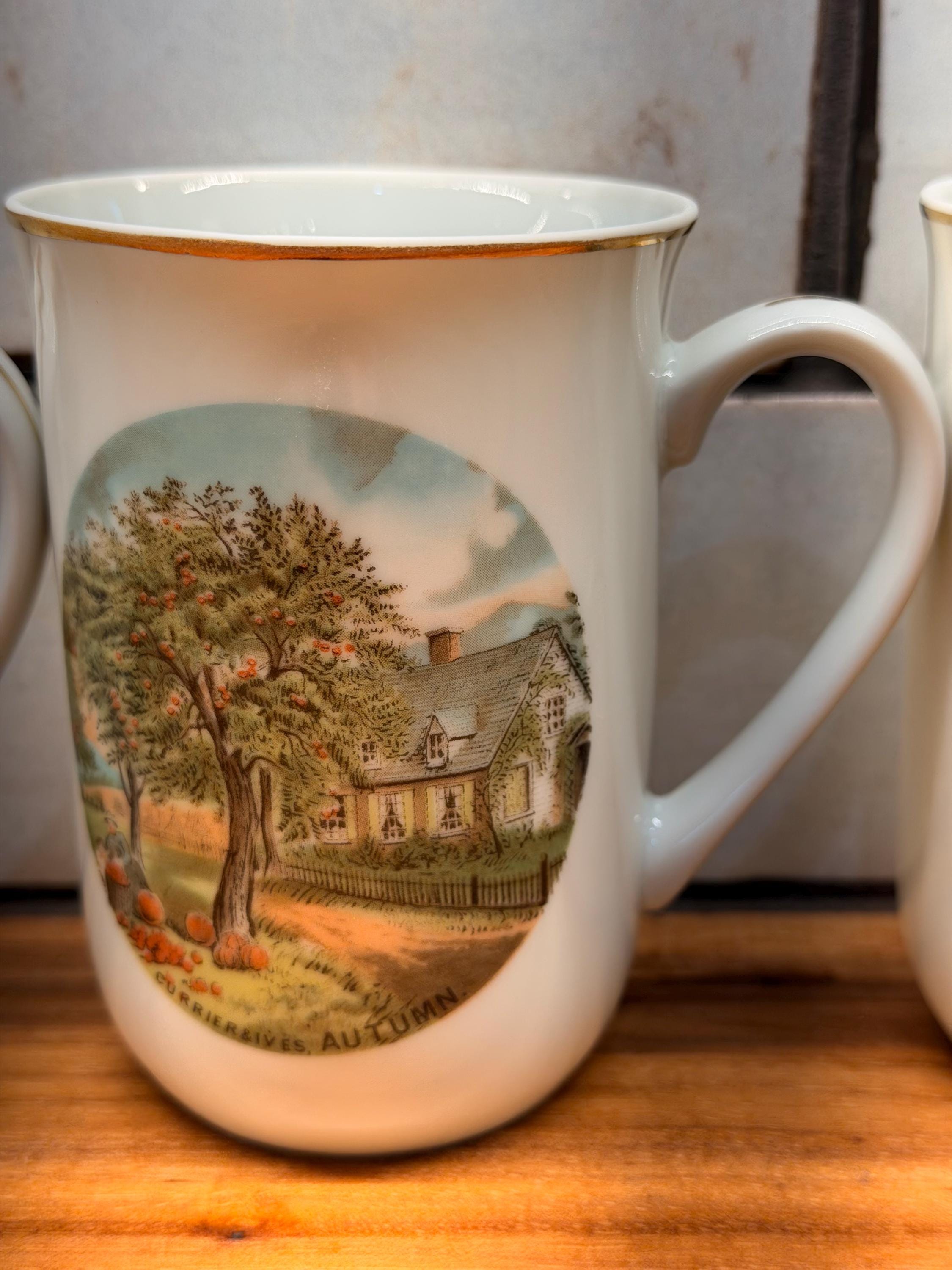 Vintage Currier & Ives Four Seasons Mugs | Gold Trim Fine China Coffee Cups