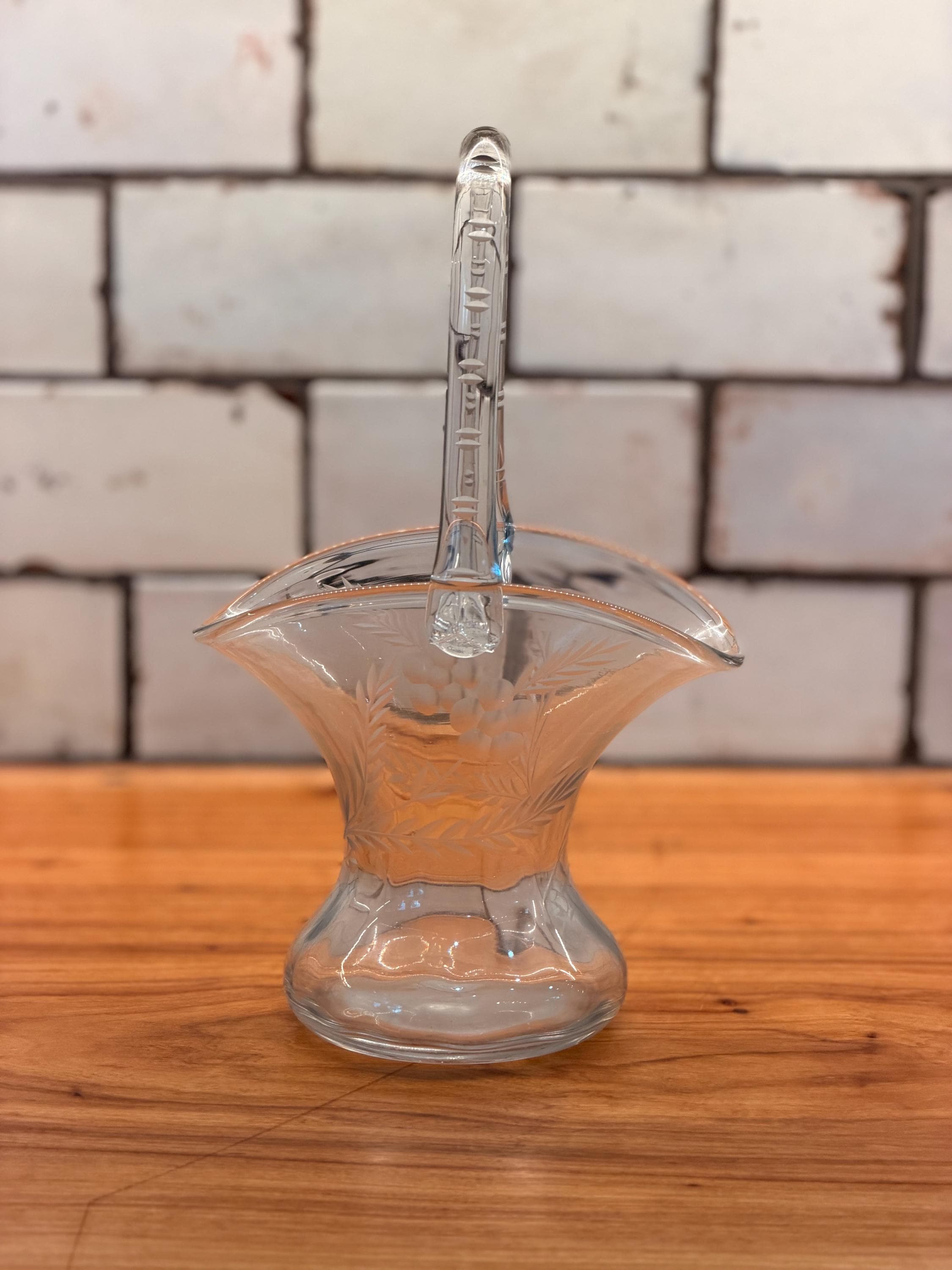 Vintage Etched Glass Basket Vase | Frosted Floral Trumpet Body