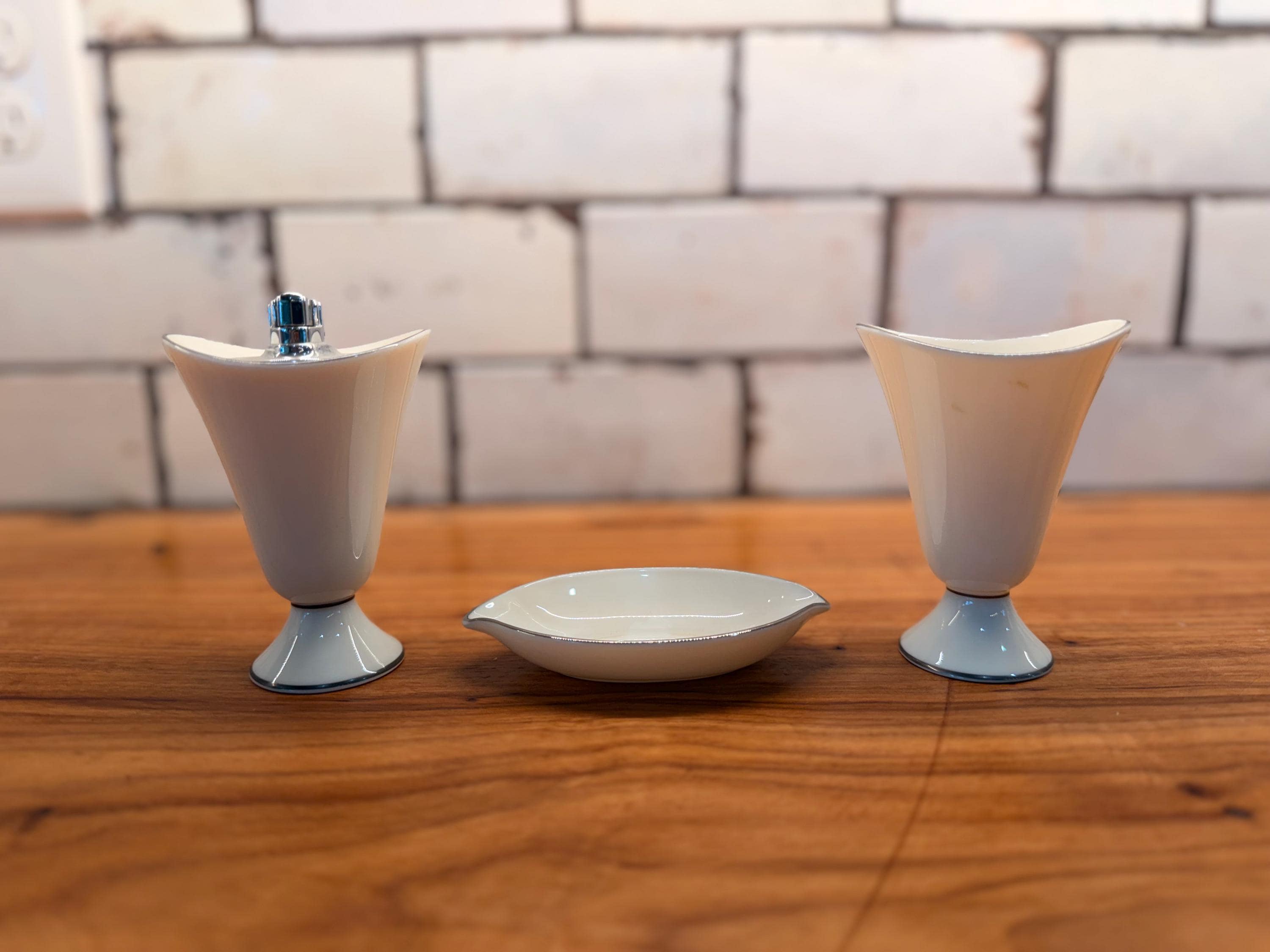Lenox Ivory China Smoking Set | Mid Century Cigarette Lighter, Holder & Ashtray | Silver Trim Tobacciana Set