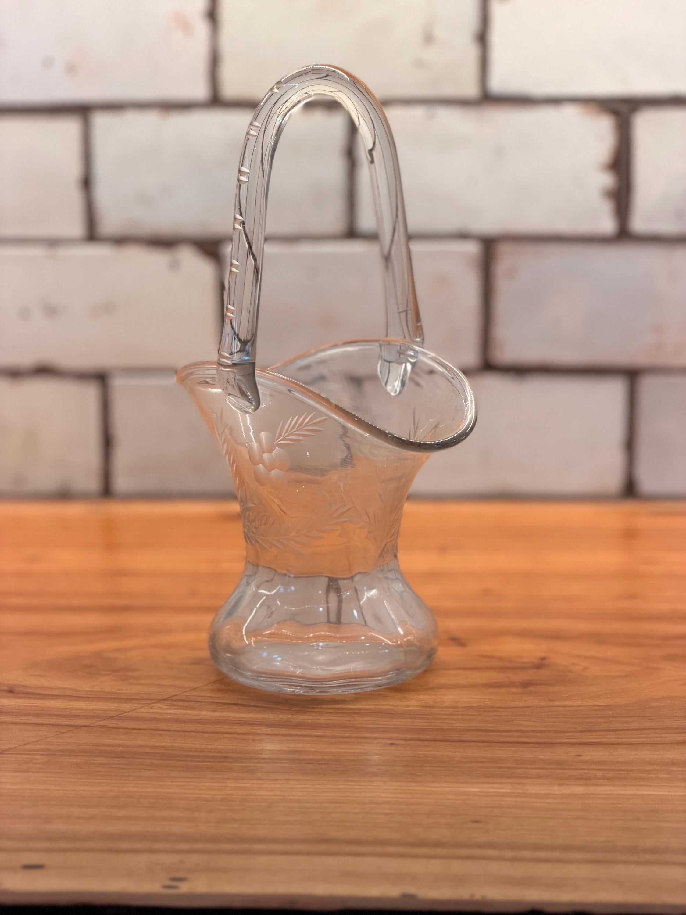 Vintage Etched Glass Basket Vase | Frosted Floral Trumpet Body