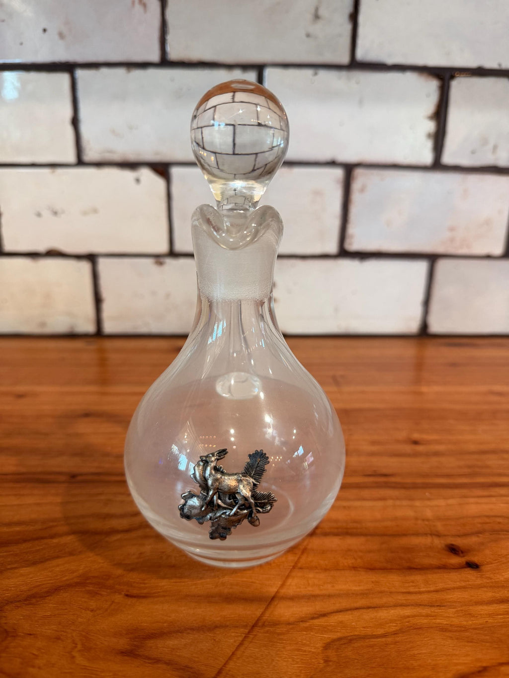 Vintage Glass Cruet Decanter with Pewter Deer Motif