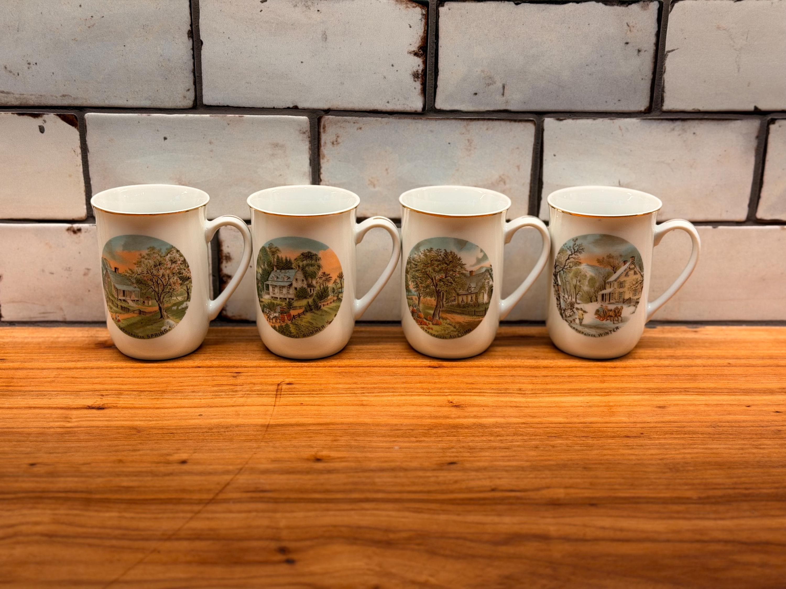 Vintage Currier & Ives Four Seasons Mugs | Gold Trim Fine China Coffee Cups