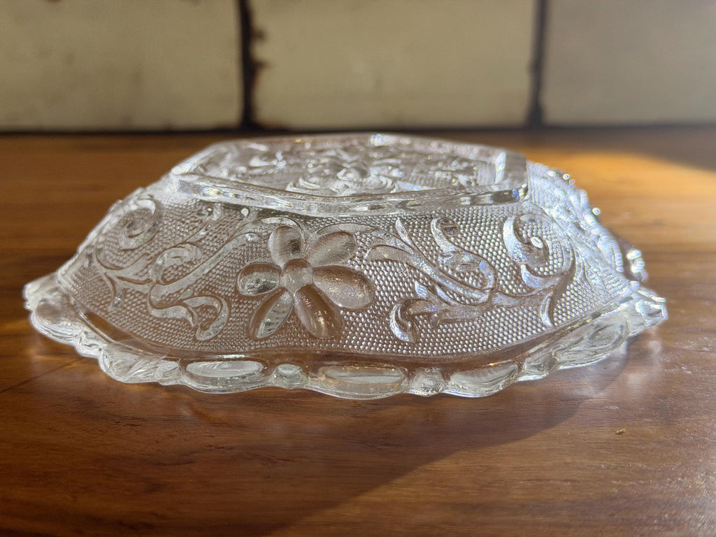 Vintage Tiara Glass Hexagonal Bowl | Clear Pressed Floral Serving Dish
