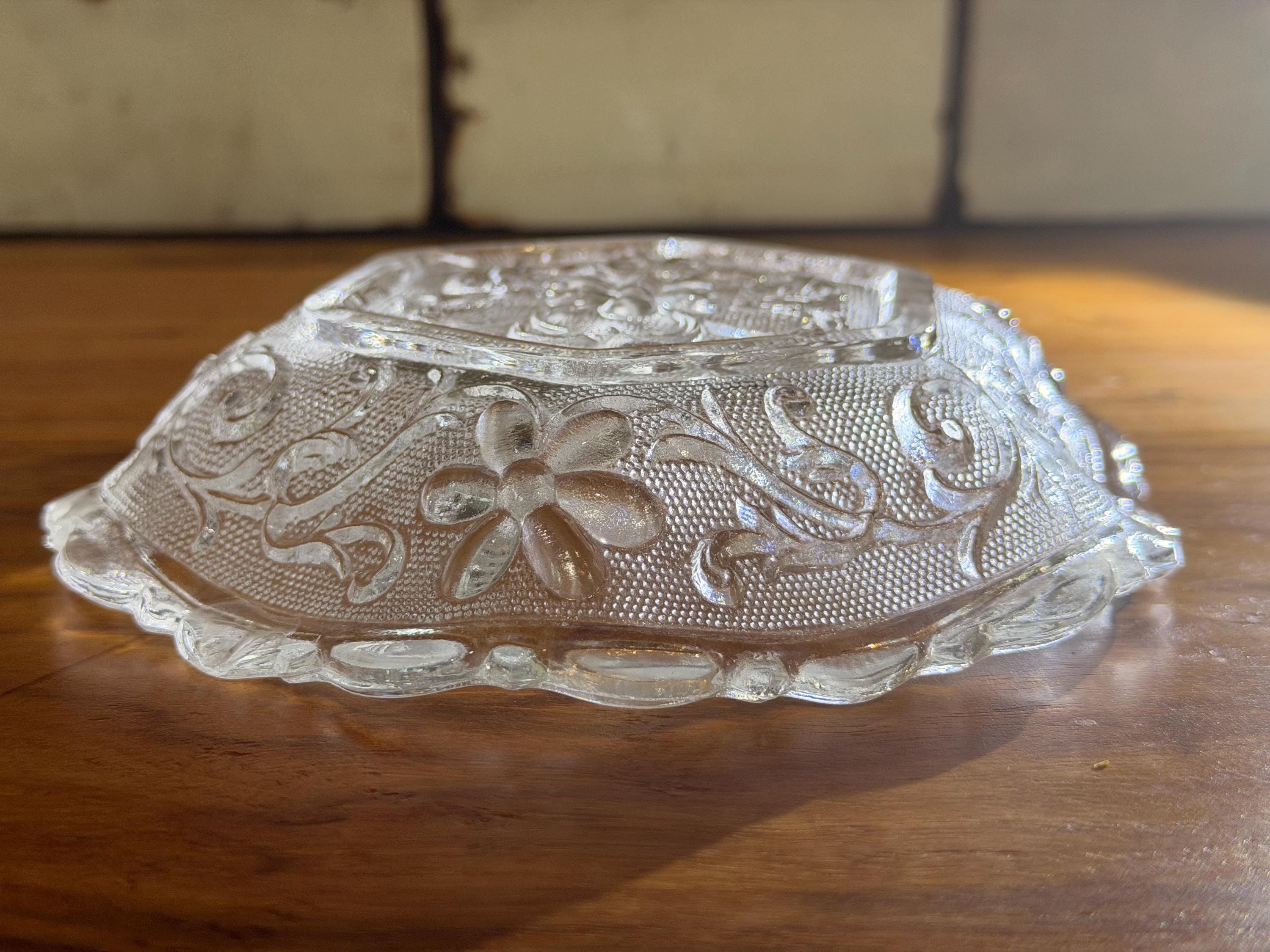 Vintage Tiara Glass Hexagonal Bowl | Clear Pressed Floral Serving Dish