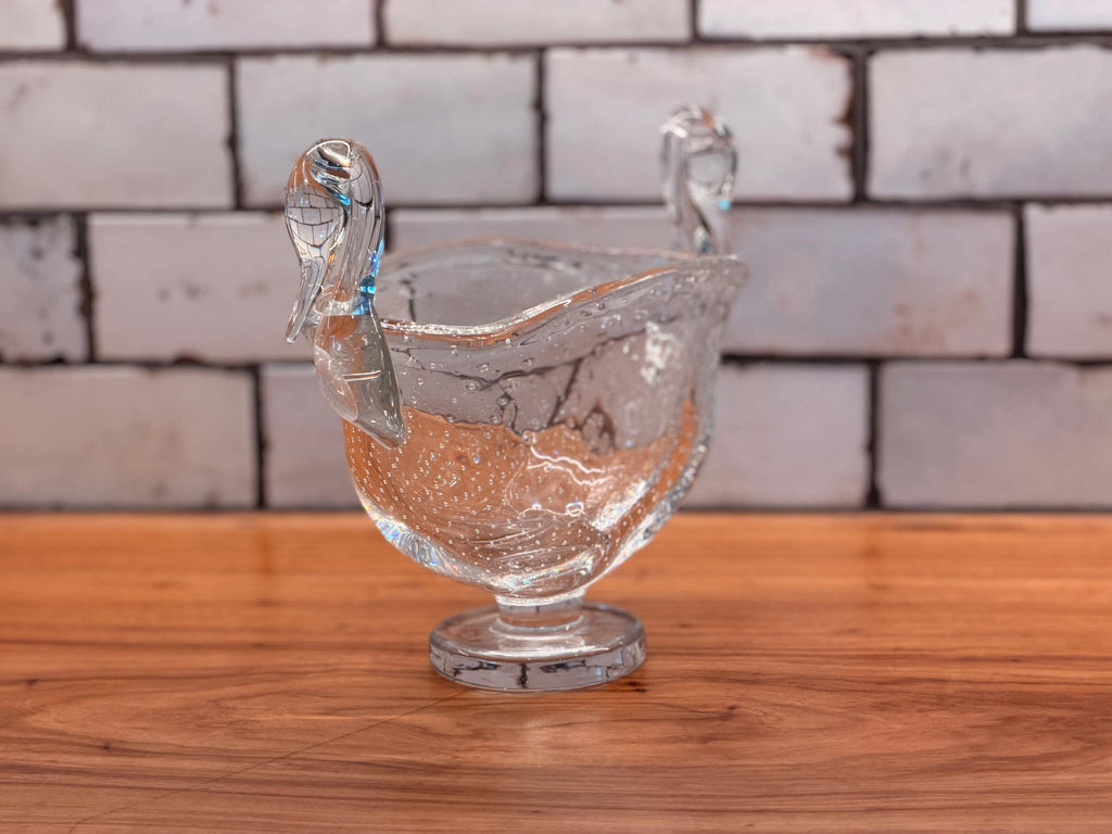 Vintage Murano Style Art Glass Swan Bowl | Bullicante Controlled Bubble Glass Centerpiece