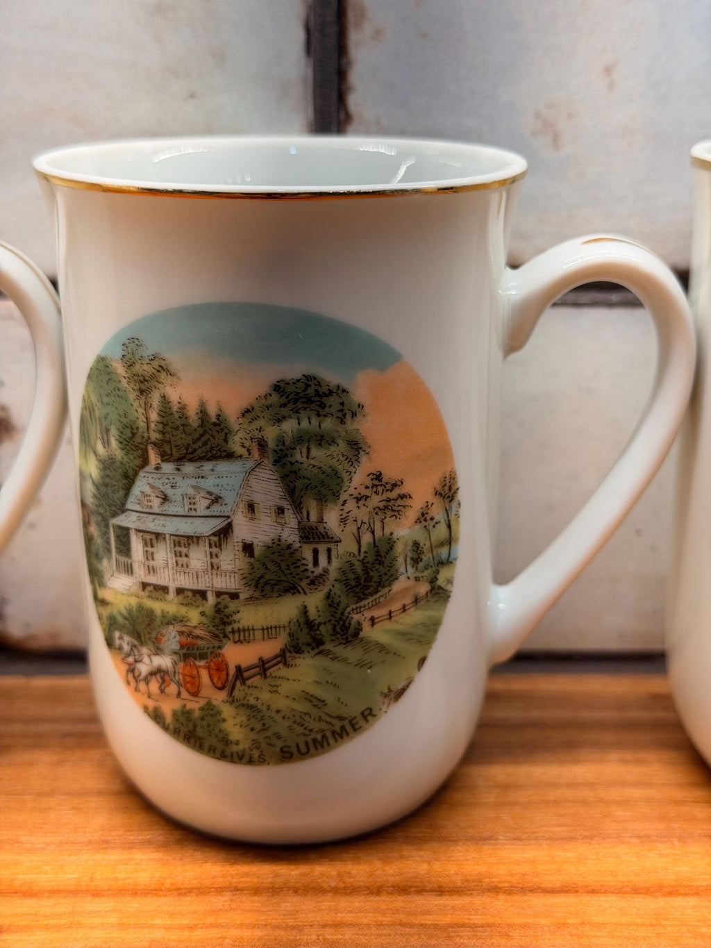 Vintage Currier & Ives Four Seasons Mugs | Gold Trim Fine China Coffee Cups