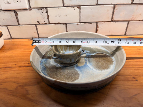 Handmade Studio Pottery Chip & Dip Platter Reactive Blue Gray Stoneware Serving Bowl