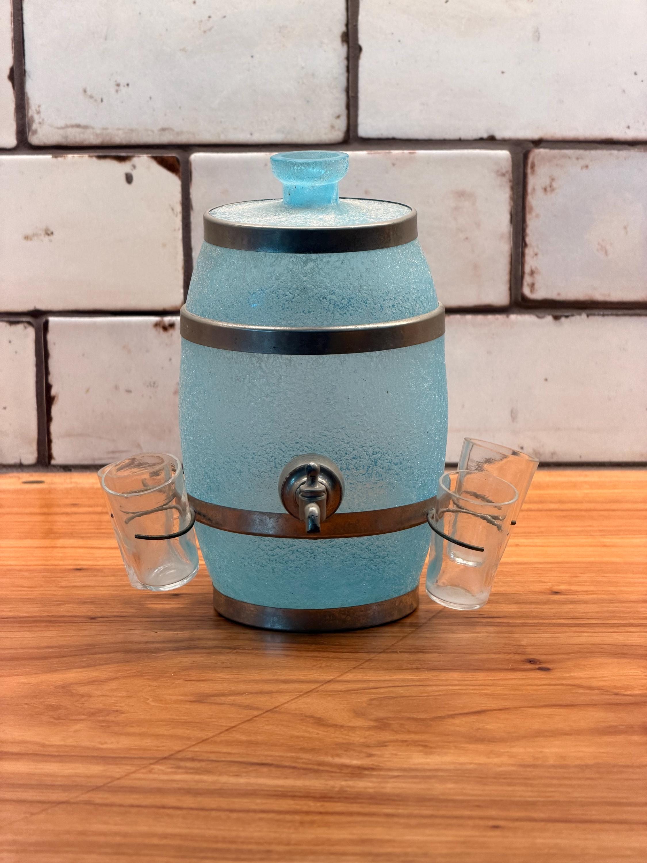 Vintage Frosted Blue Glass Liquor/Wine Decanter Set with 4 Hanging Shot Glasses