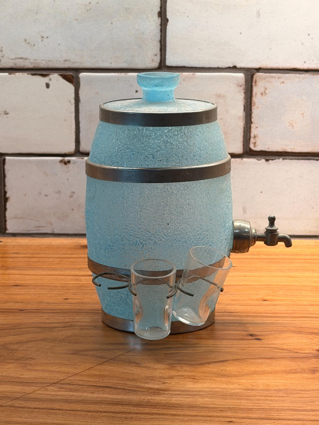Vintage Frosted Blue Glass Liquor/Wine Decanter Set with 4 Hanging Shot Glasses