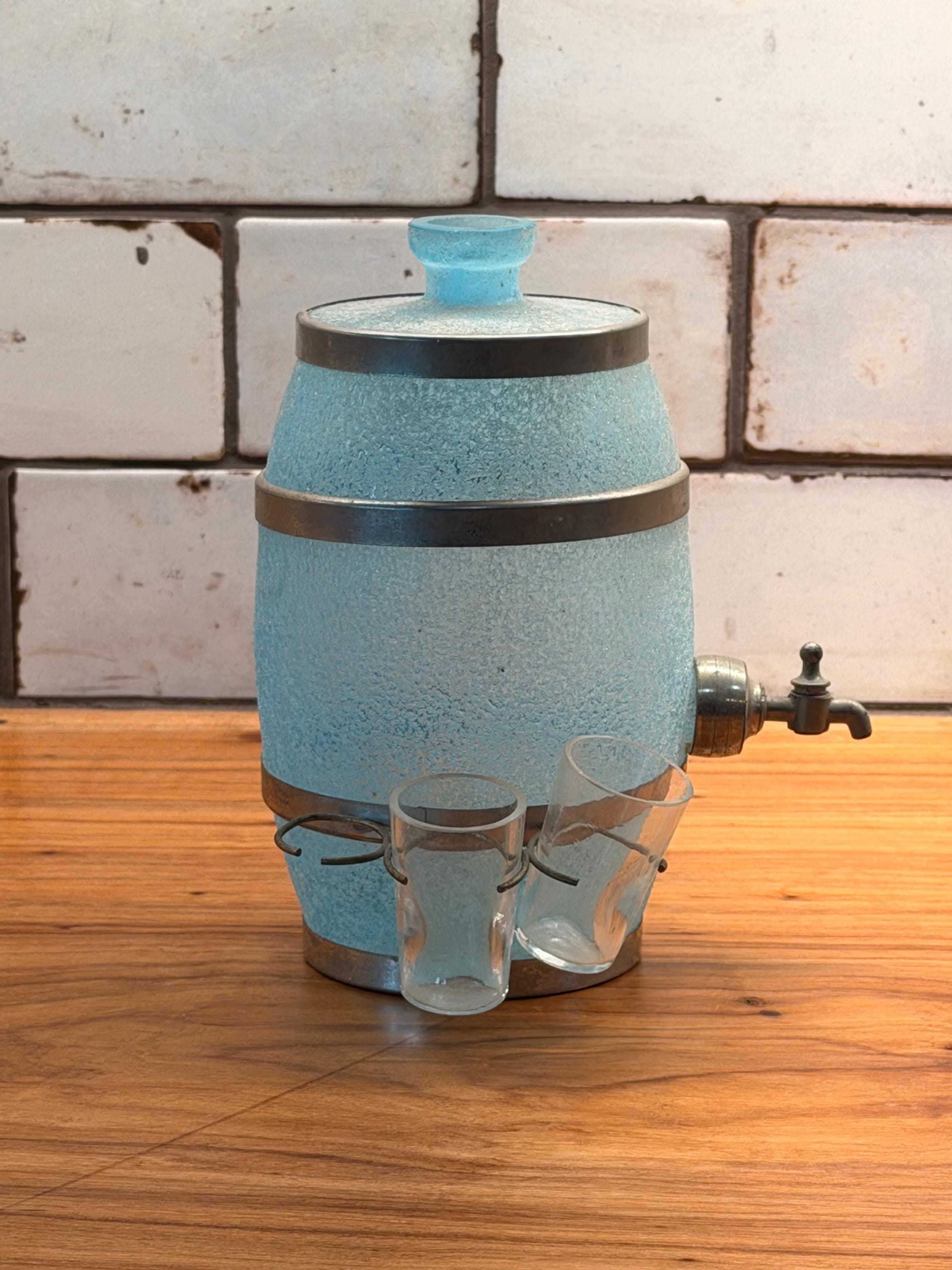 Vintage Frosted Blue Glass Liquor/Wine Decanter Set with 4 Hanging Shot Glasses
