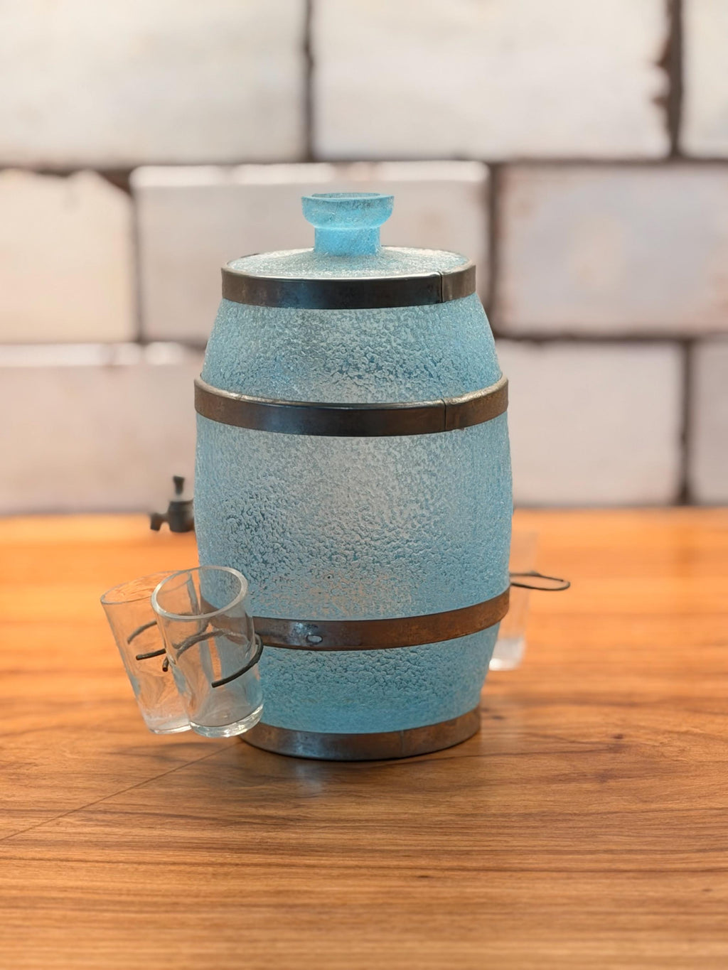 Vintage Frosted Blue Glass Liquor/Wine Decanter Set with 4 Hanging Shot Glasses