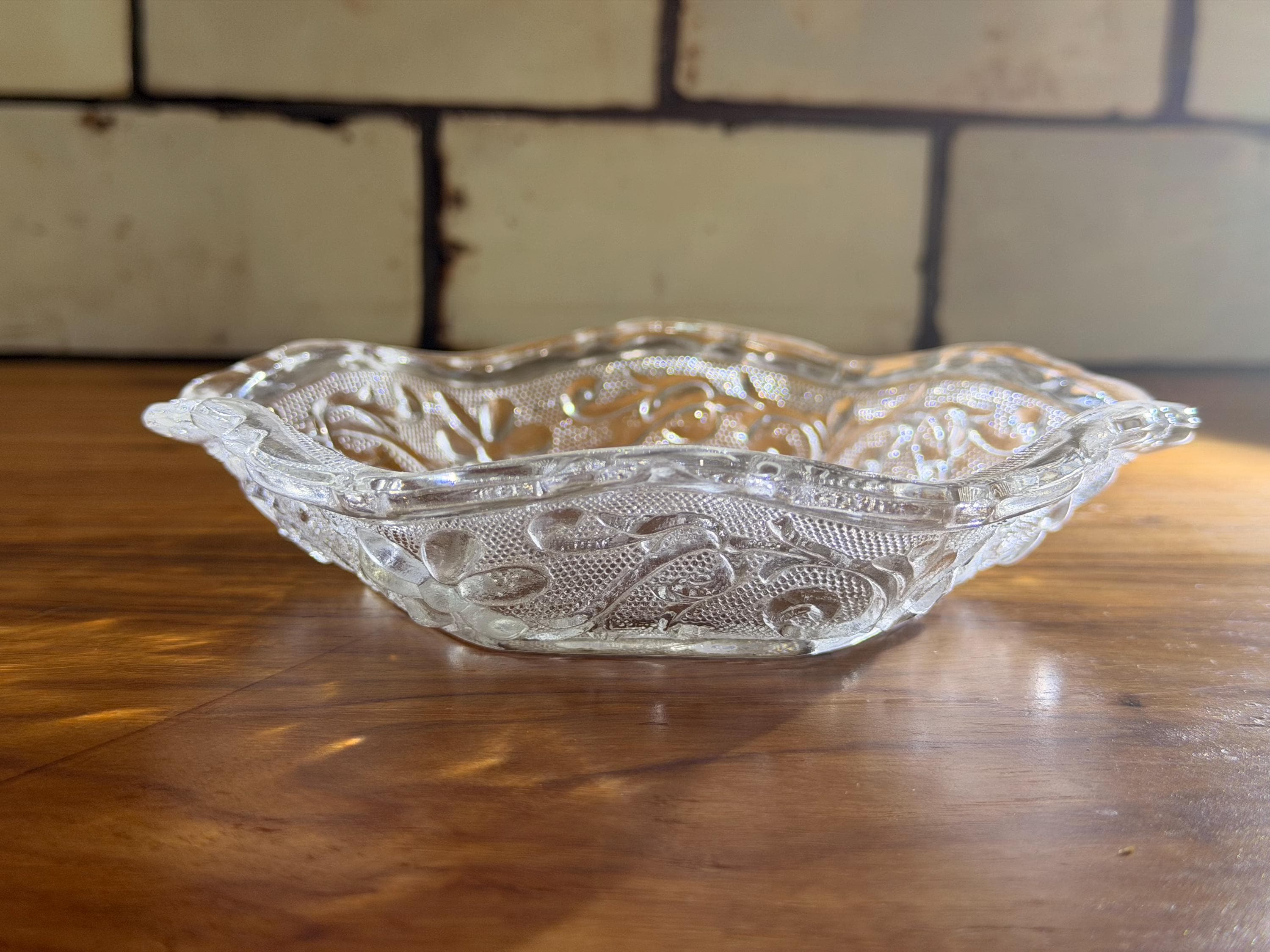 Vintage Tiara Glass Hexagonal Bowl | Clear Pressed Floral Serving Dish