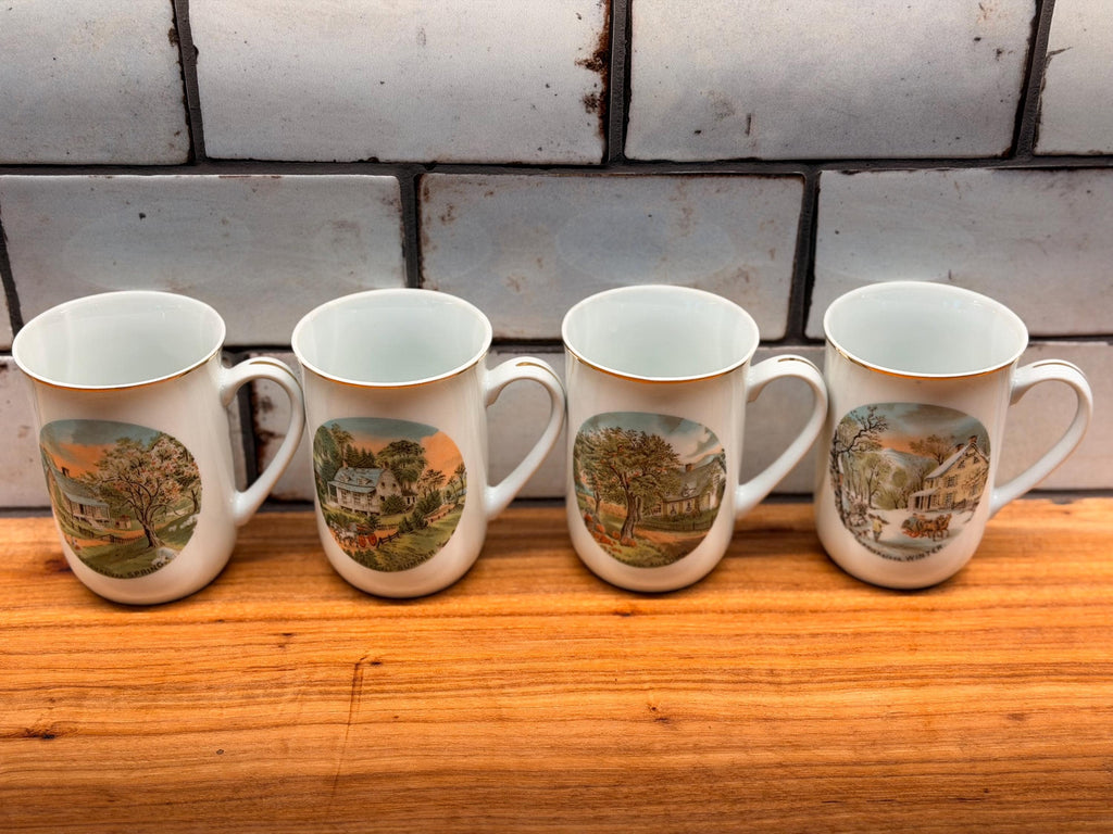Vintage Currier & Ives Four Seasons Mugs | Gold Trim Fine China Coffee Cups