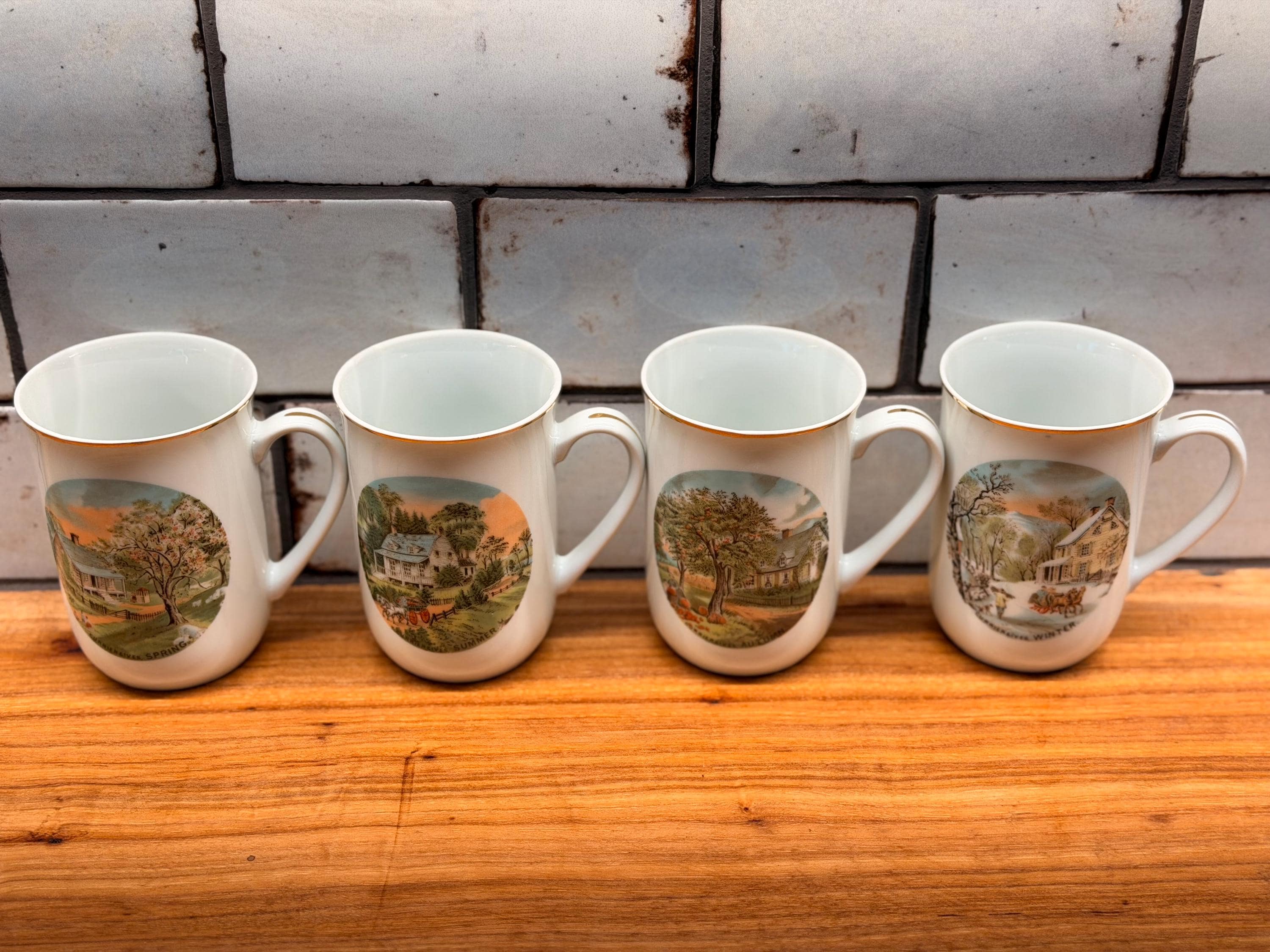 Vintage Currier & Ives Four Seasons Mugs | Gold Trim Fine China Coffee Cups