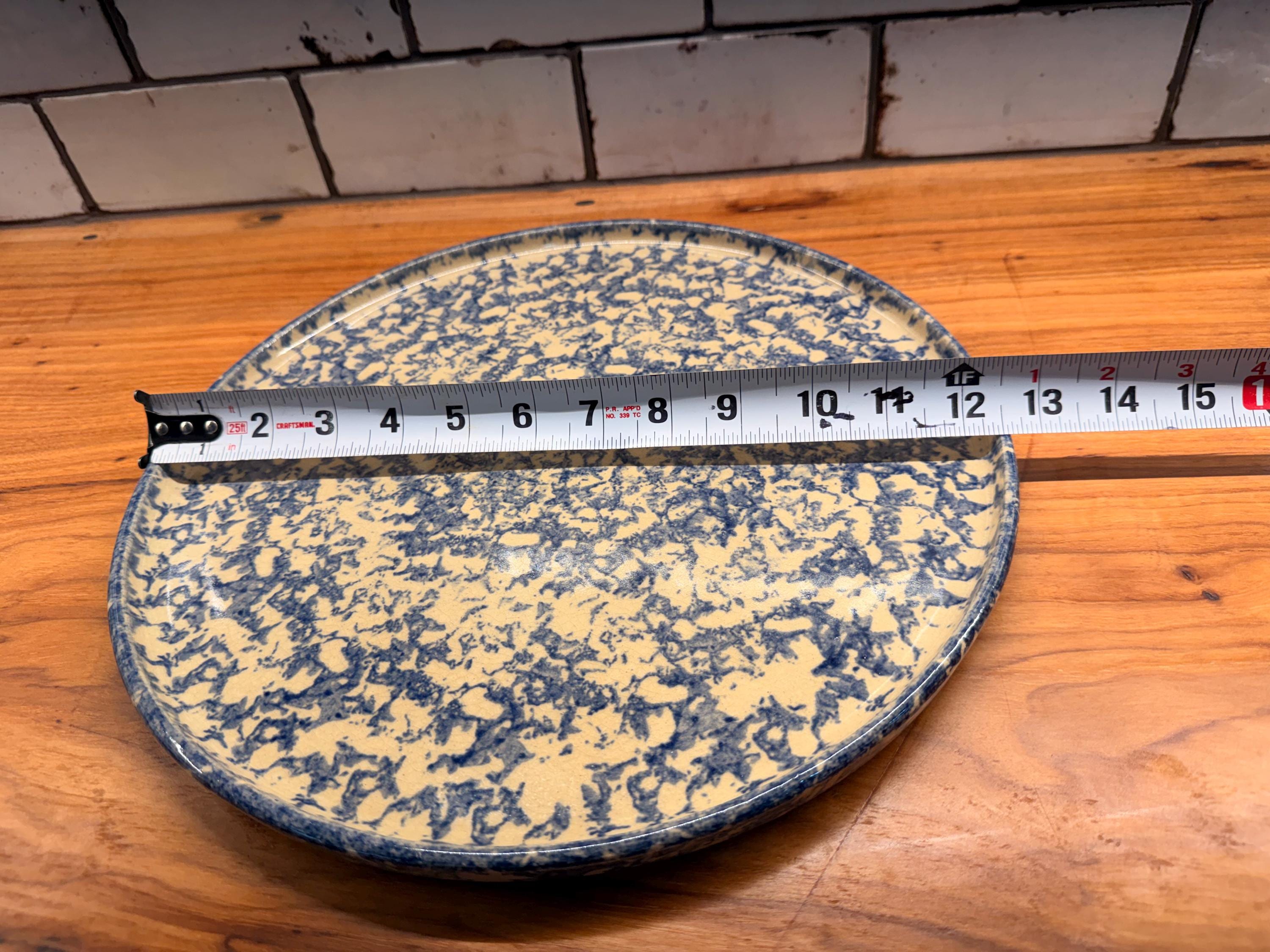 Vintage Robinson Ransbottom Blue Spongeware Pizza Pan | Rustic Farmhouse Stoneware Serving Plate
