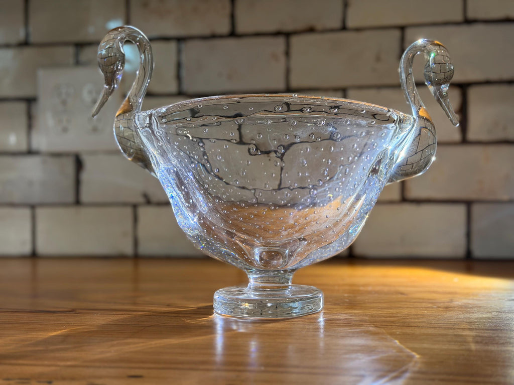 Vintage Murano Style Art Glass Swan Bowl | Bullicante Controlled Bubble Glass Centerpiece