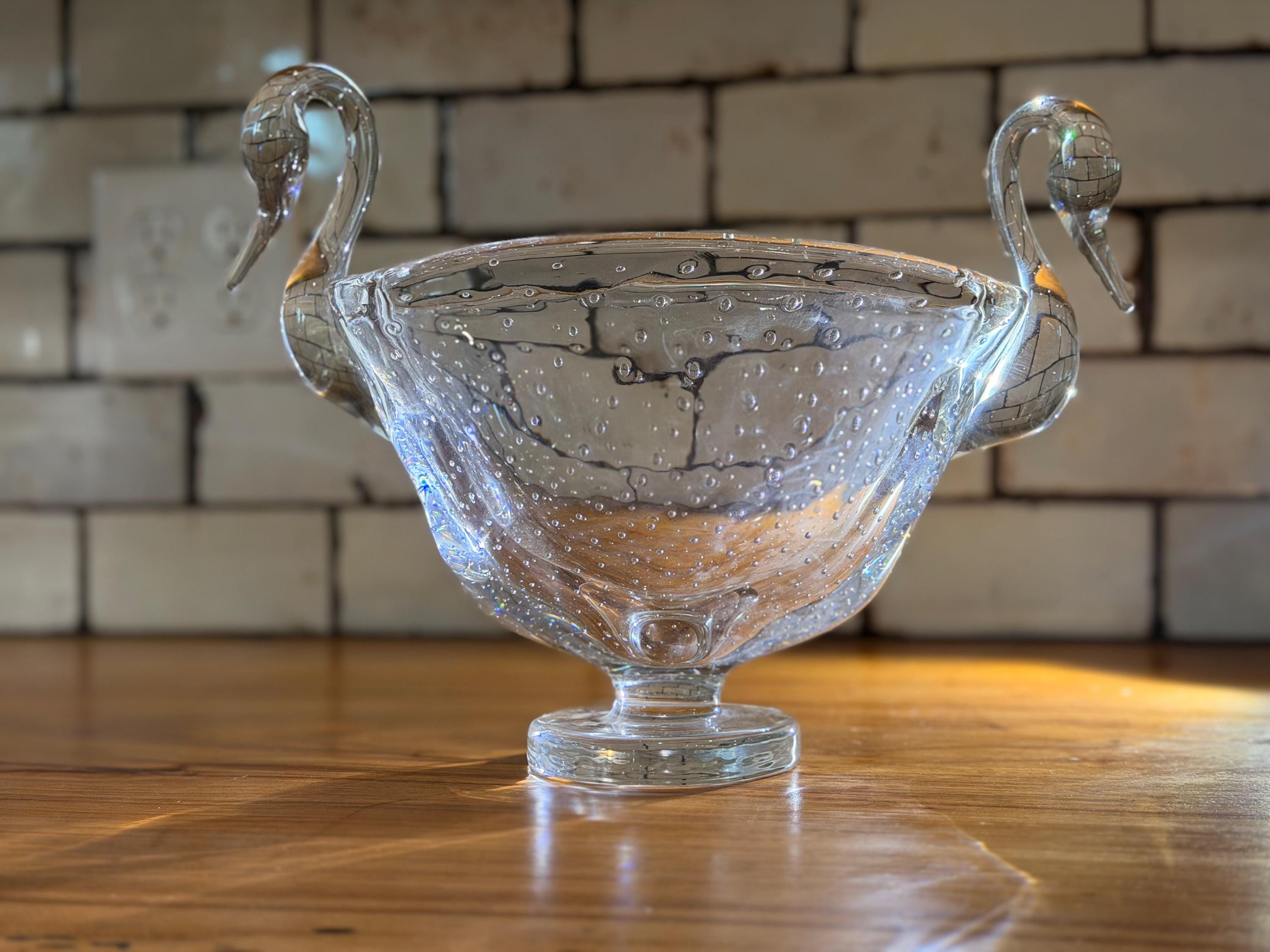 Vintage Murano Style Art Glass Swan Bowl | Bullicante Controlled Bubble Glass Centerpiece