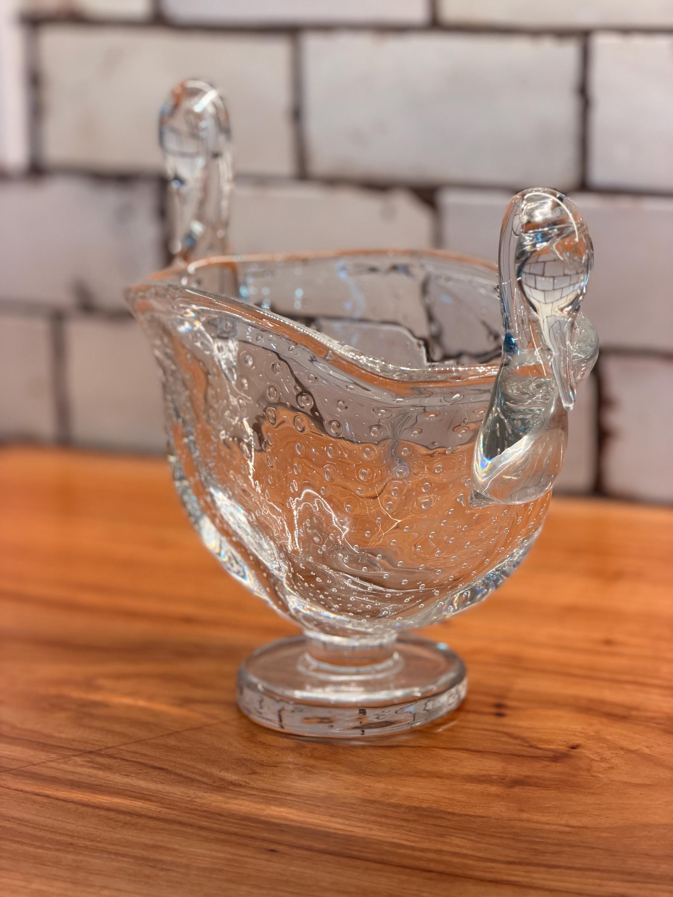 Vintage Murano Style Art Glass Swan Bowl | Bullicante Controlled Bubble Glass Centerpiece
