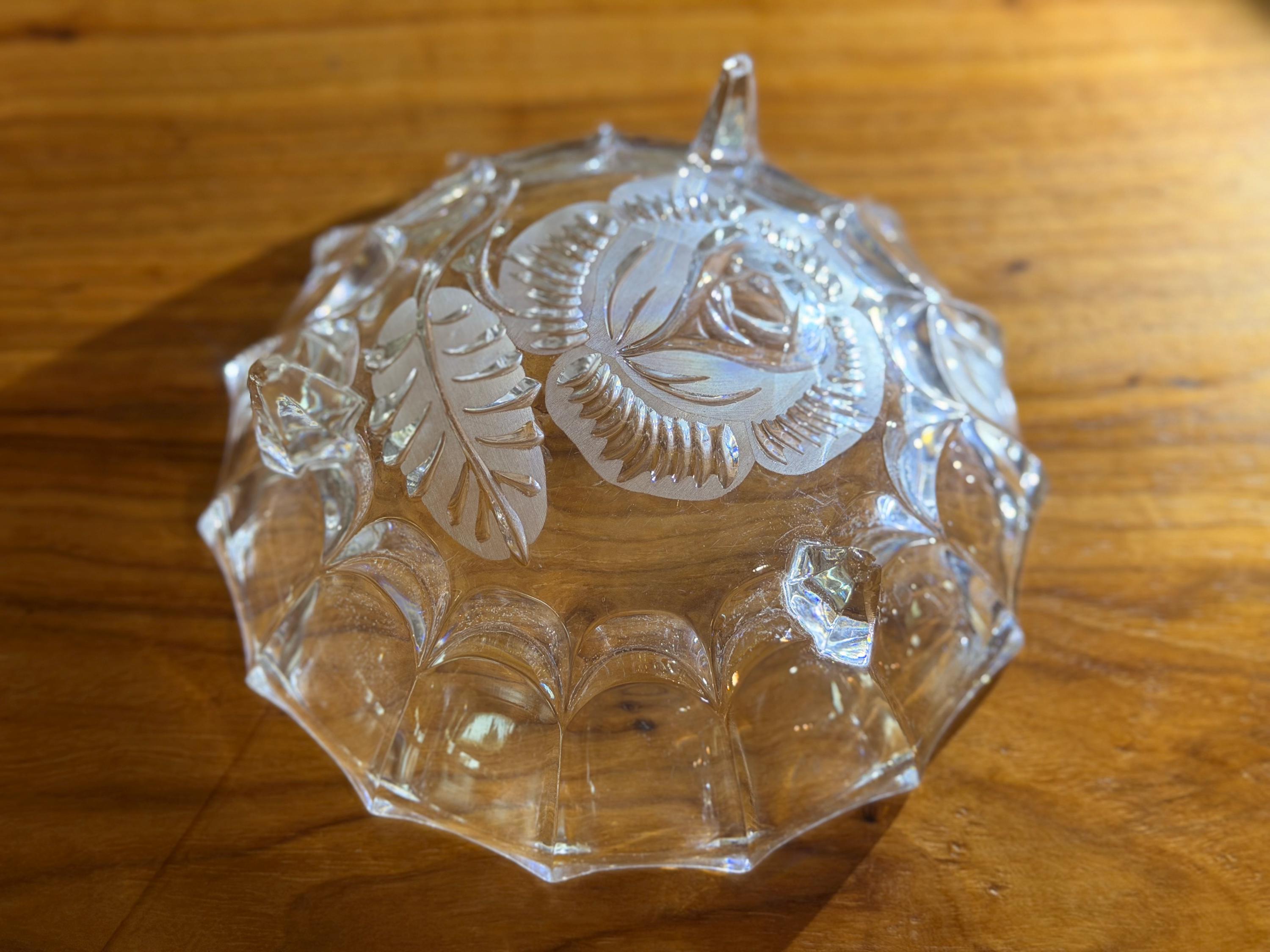 Vintage German Hand-Cut Crystal Footed Bowl | Rose Floral Mid-Century Centerpiece