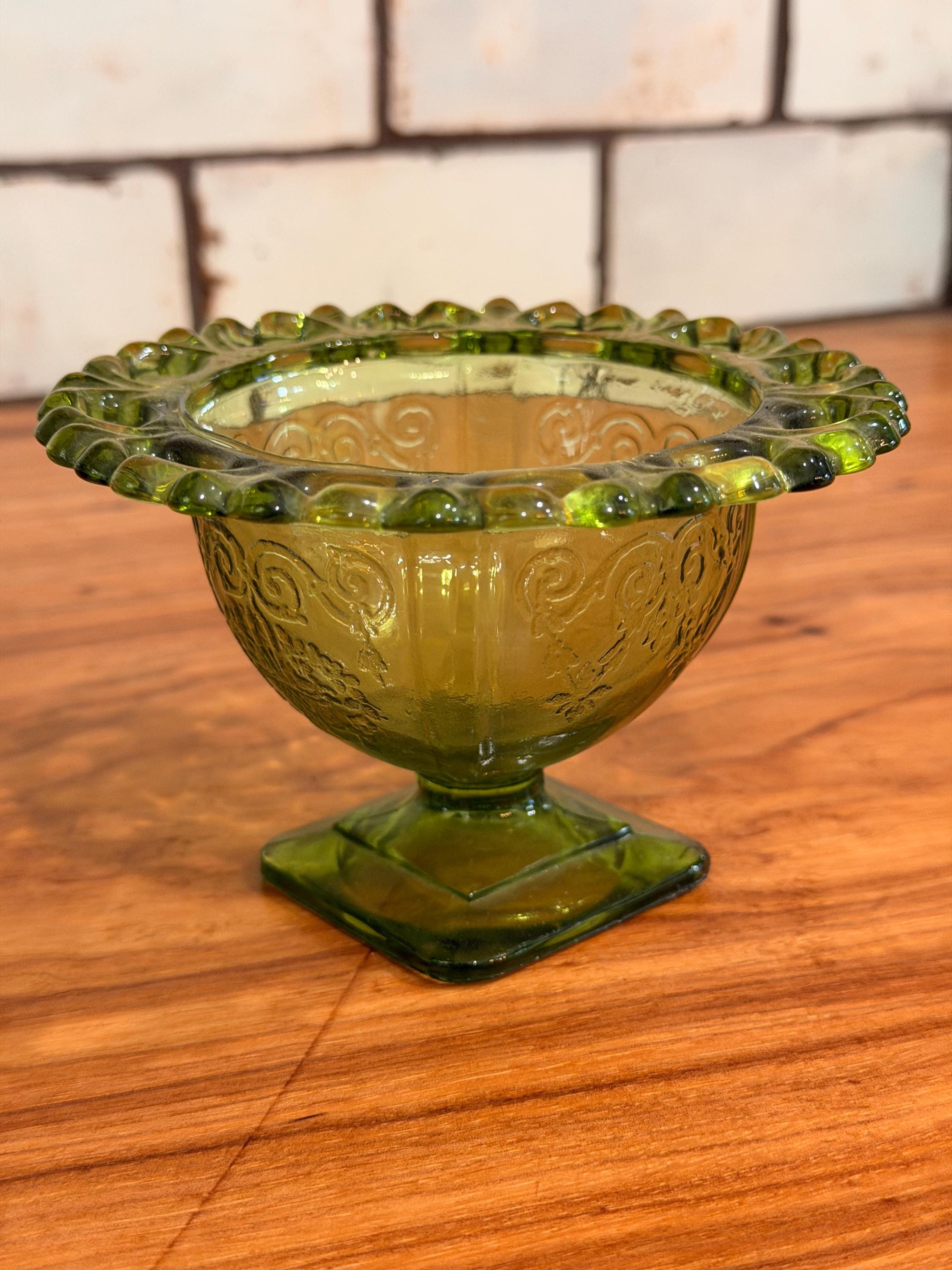 Vintage Indiana Glass Compote | Olive Green Wild Rose Pedestal Candy Dish