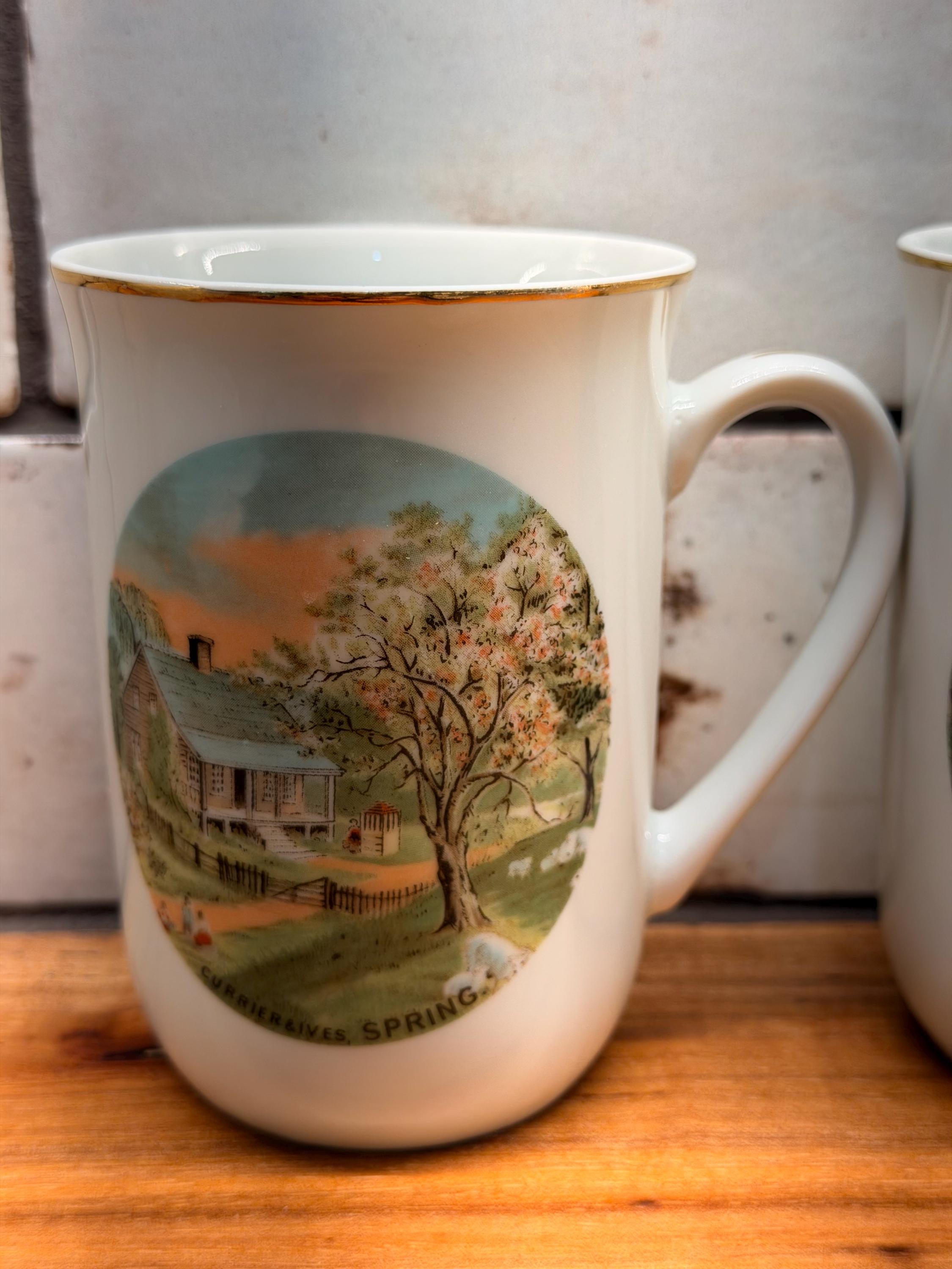 Vintage Currier & Ives Four Seasons Mugs | Gold Trim Fine China Coffee Cups
