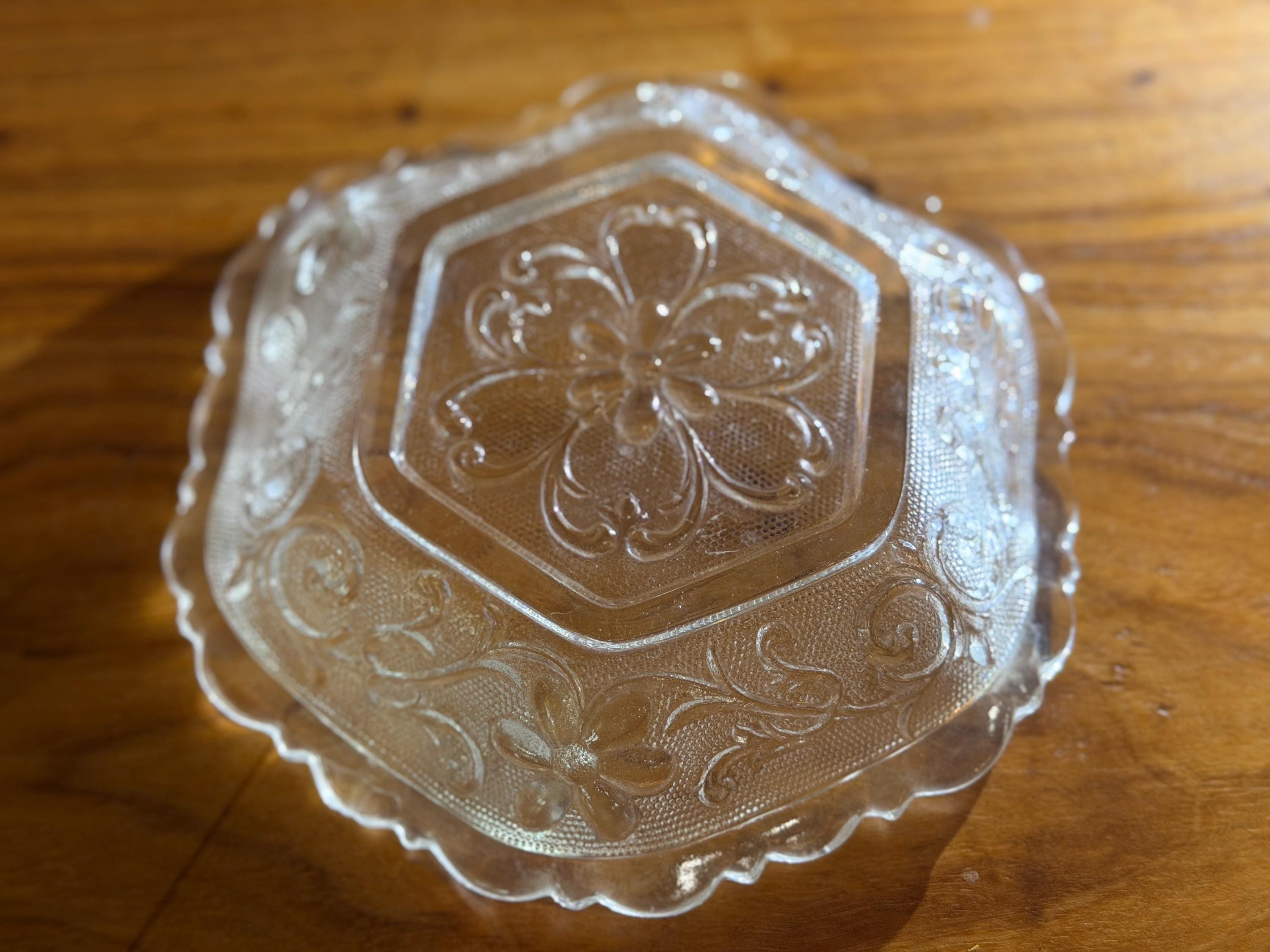 Vintage Tiara Glass Hexagonal Bowl | Clear Pressed Floral Serving Dish