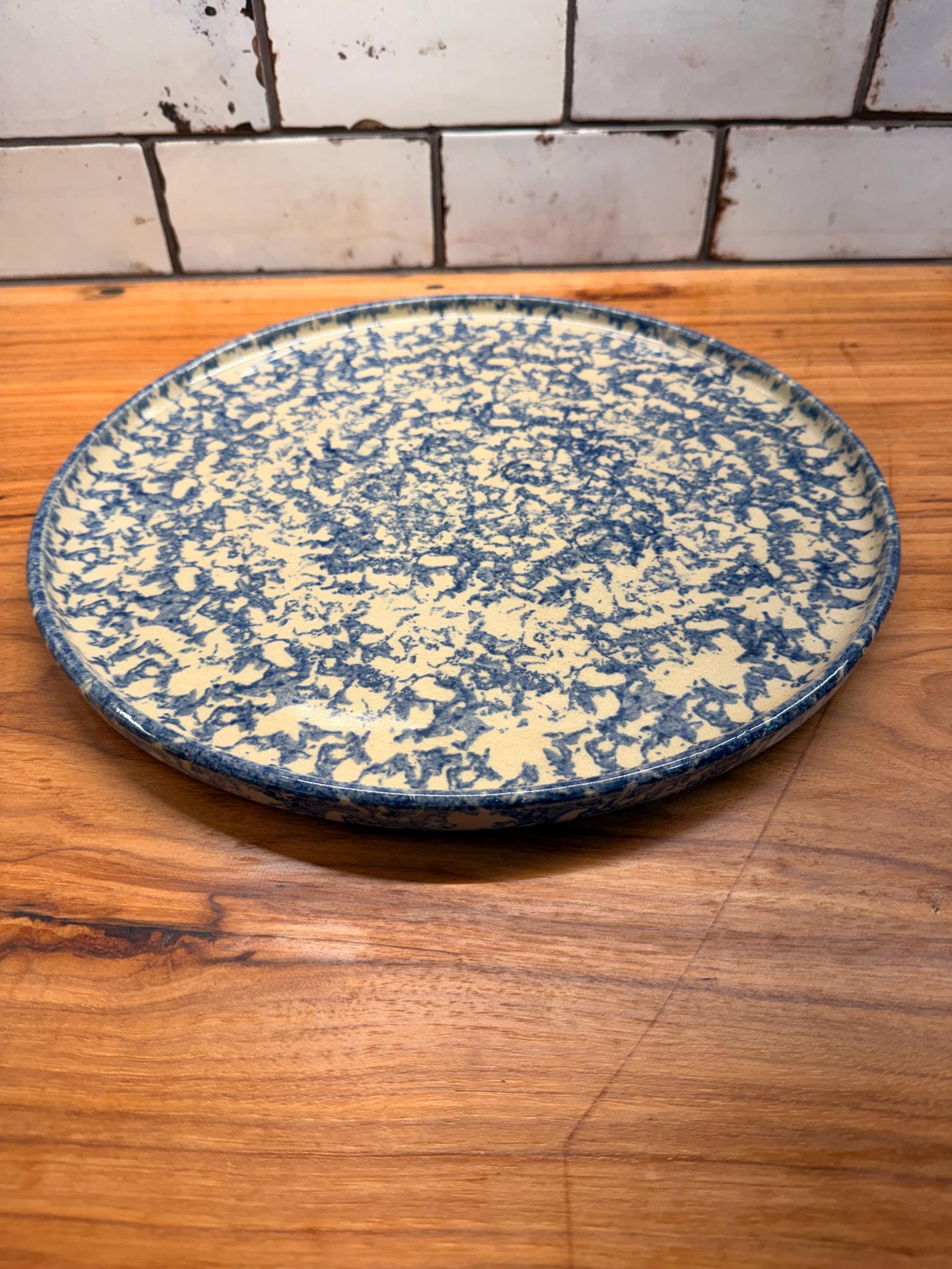 Vintage Robinson Ransbottom Blue Spongeware Pizza Pan | Rustic Farmhouse Stoneware Serving Plate