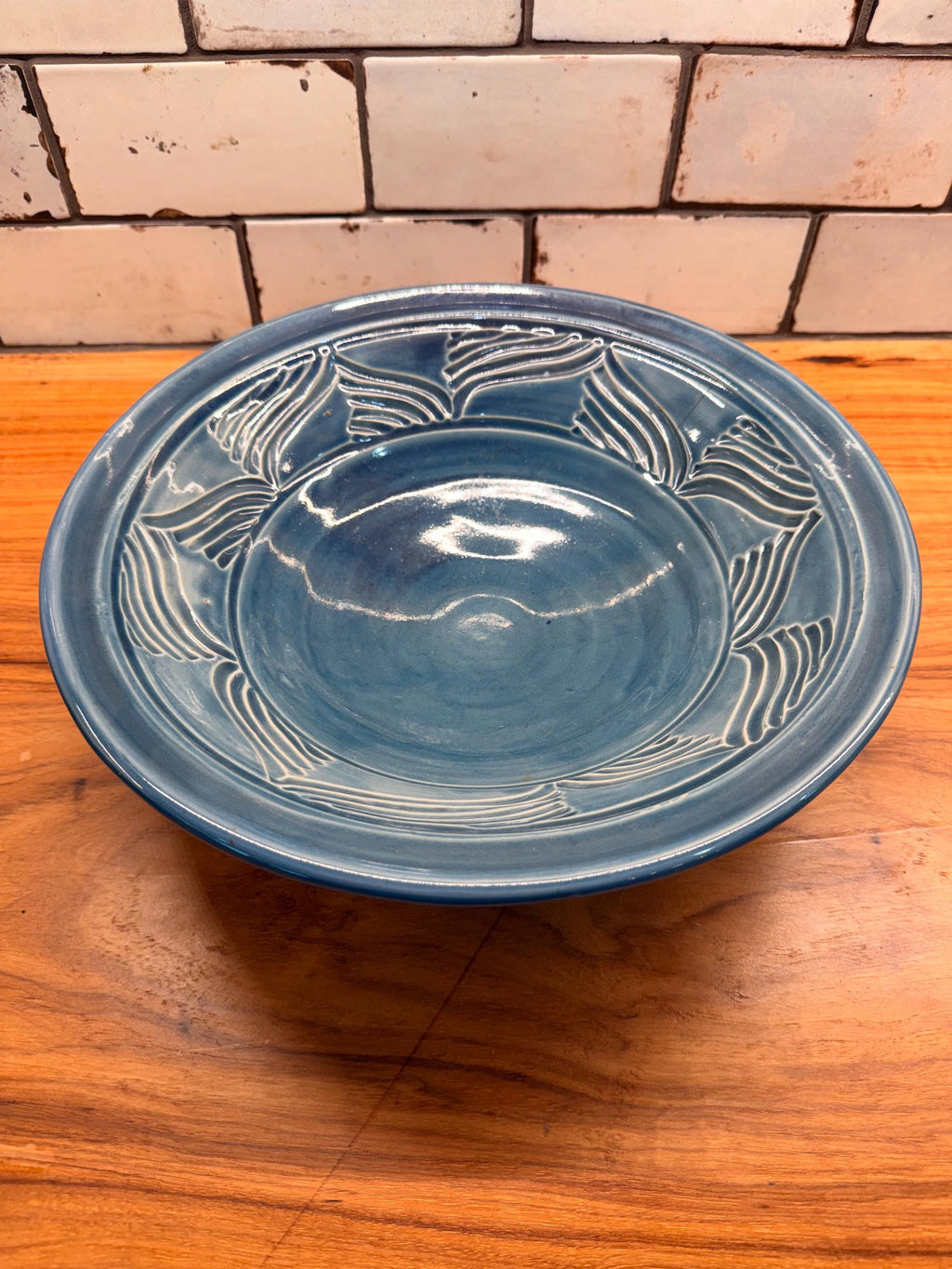 Signed Studio Pottery Chip & Dip Serving Bowl Blue Stoneware Embossed Leaf Pattern