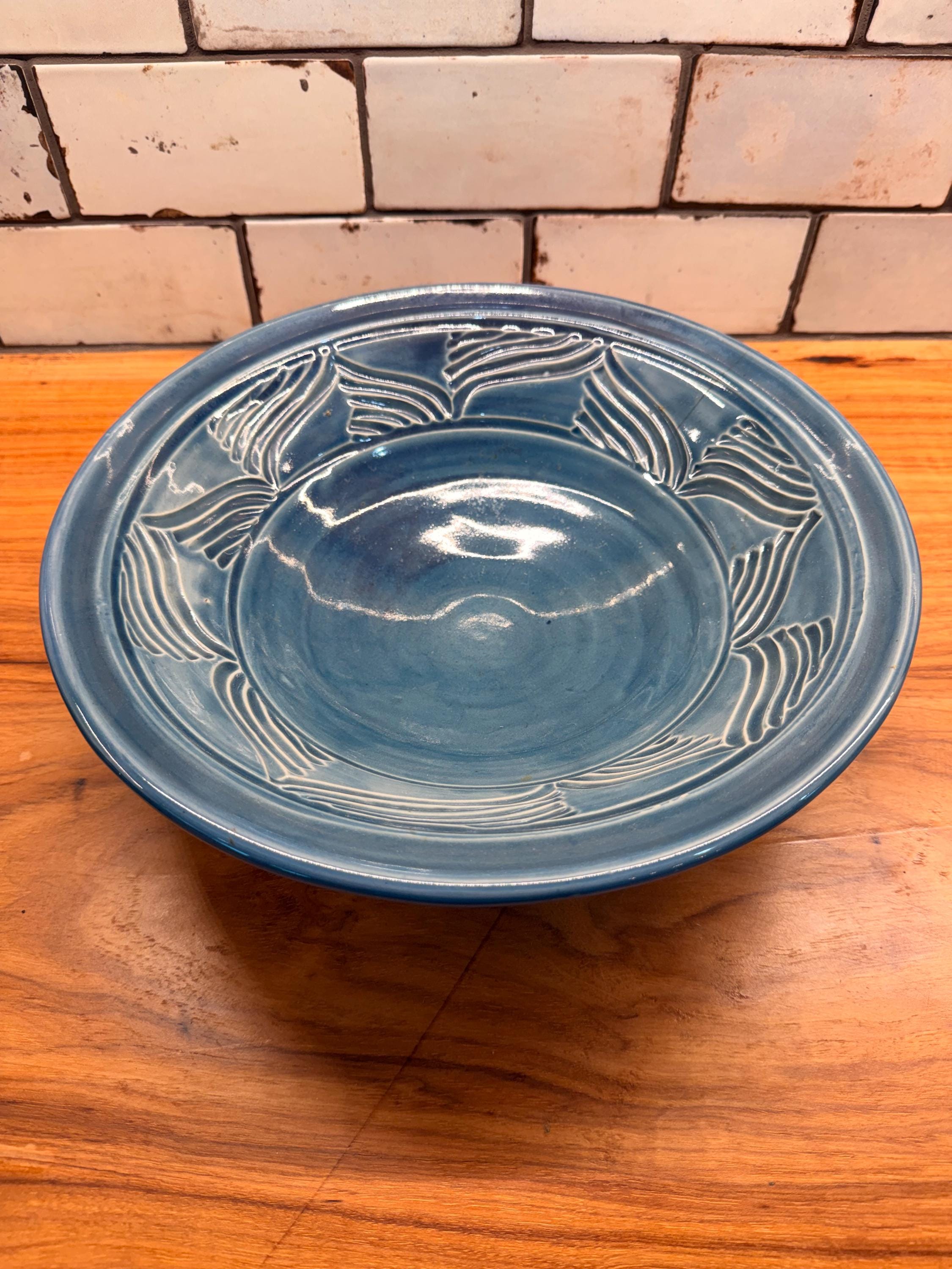 Signed Studio Pottery Chip & Dip Serving Bowl Blue Stoneware Embossed Leaf Pattern