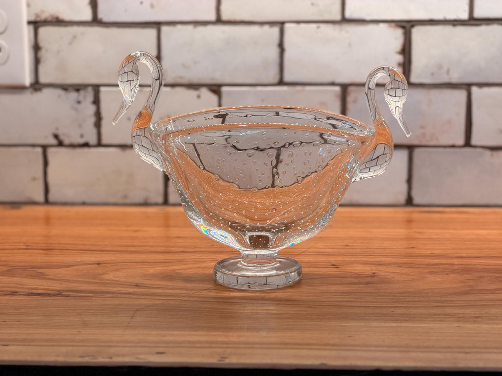 Vintage Murano Style Art Glass Swan Bowl | Bullicante Controlled Bubble Glass Centerpiece