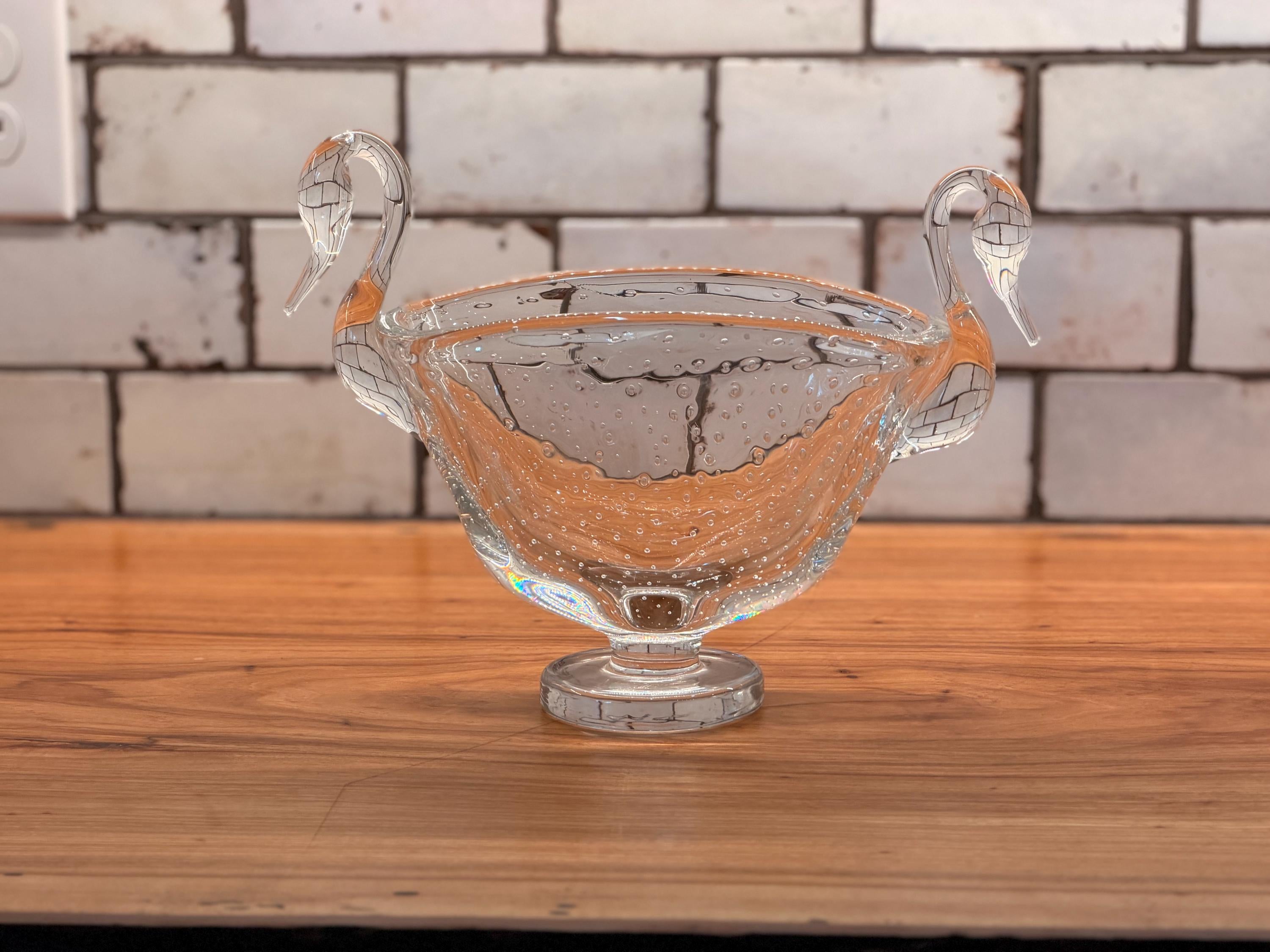 Vintage Murano Style Art Glass Swan Bowl | Bullicante Controlled Bubble Glass Centerpiece