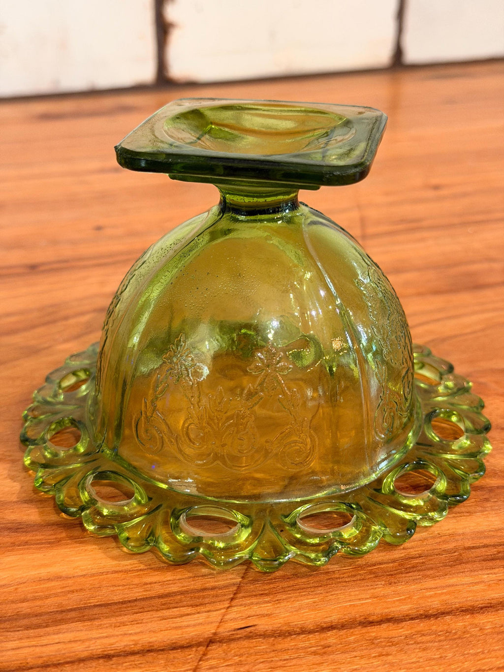 Vintage Indiana Glass Compote | Olive Green Wild Rose Pedestal Candy Dish