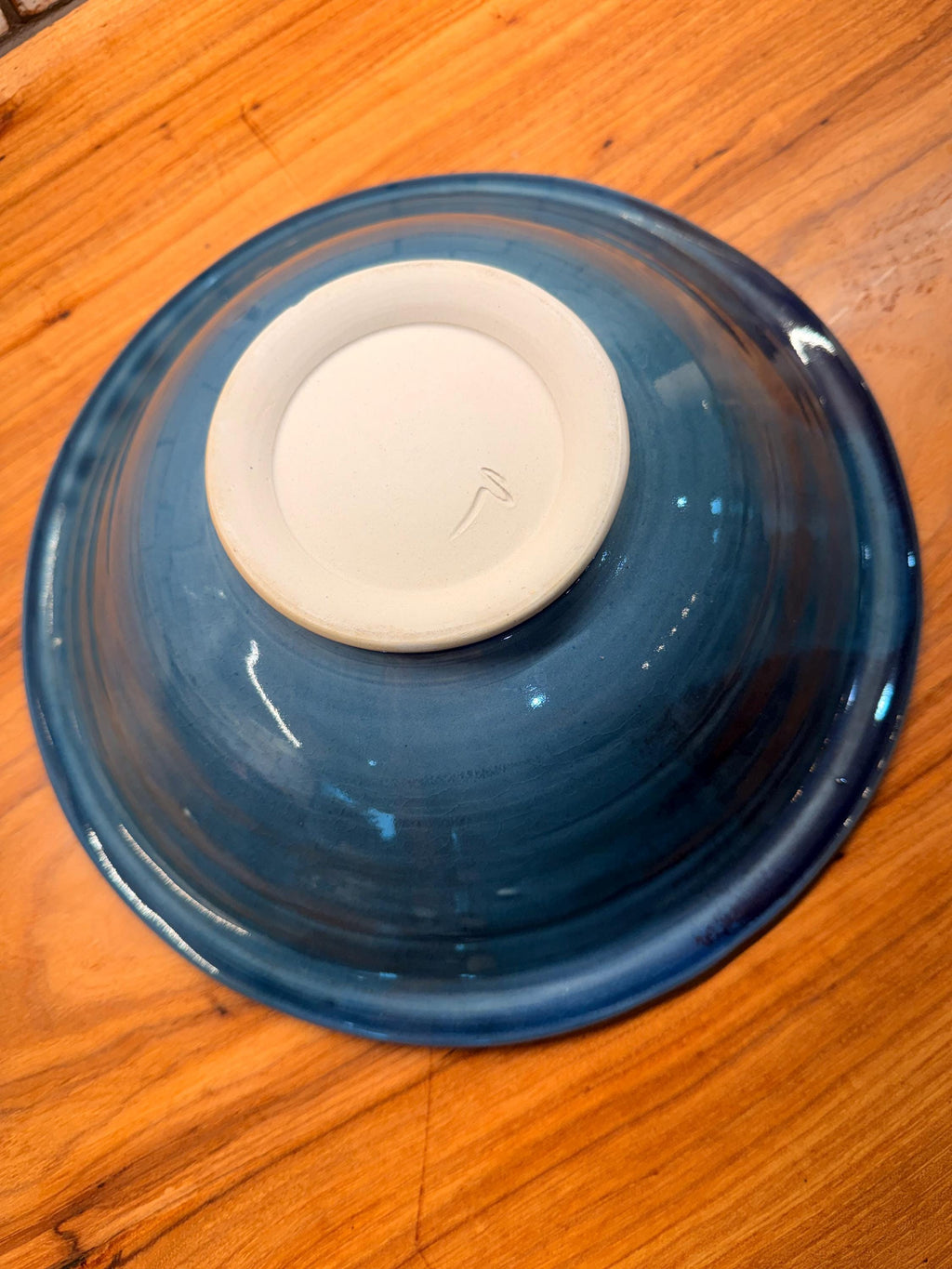 Signed Studio Pottery Chip & Dip Serving Bowl Blue Stoneware Embossed Leaf Pattern