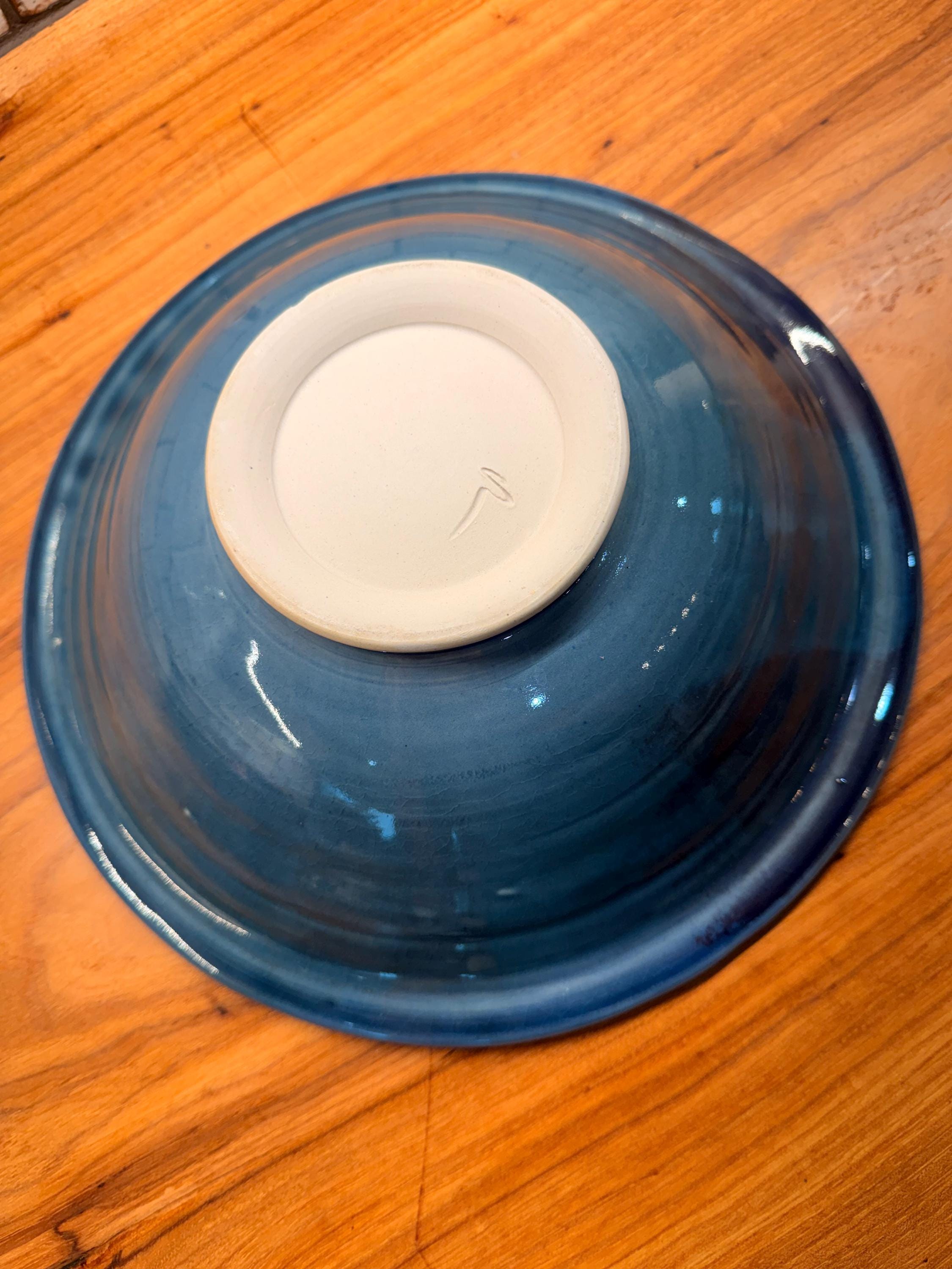 Signed Studio Pottery Chip & Dip Serving Bowl Blue Stoneware Embossed Leaf Pattern
