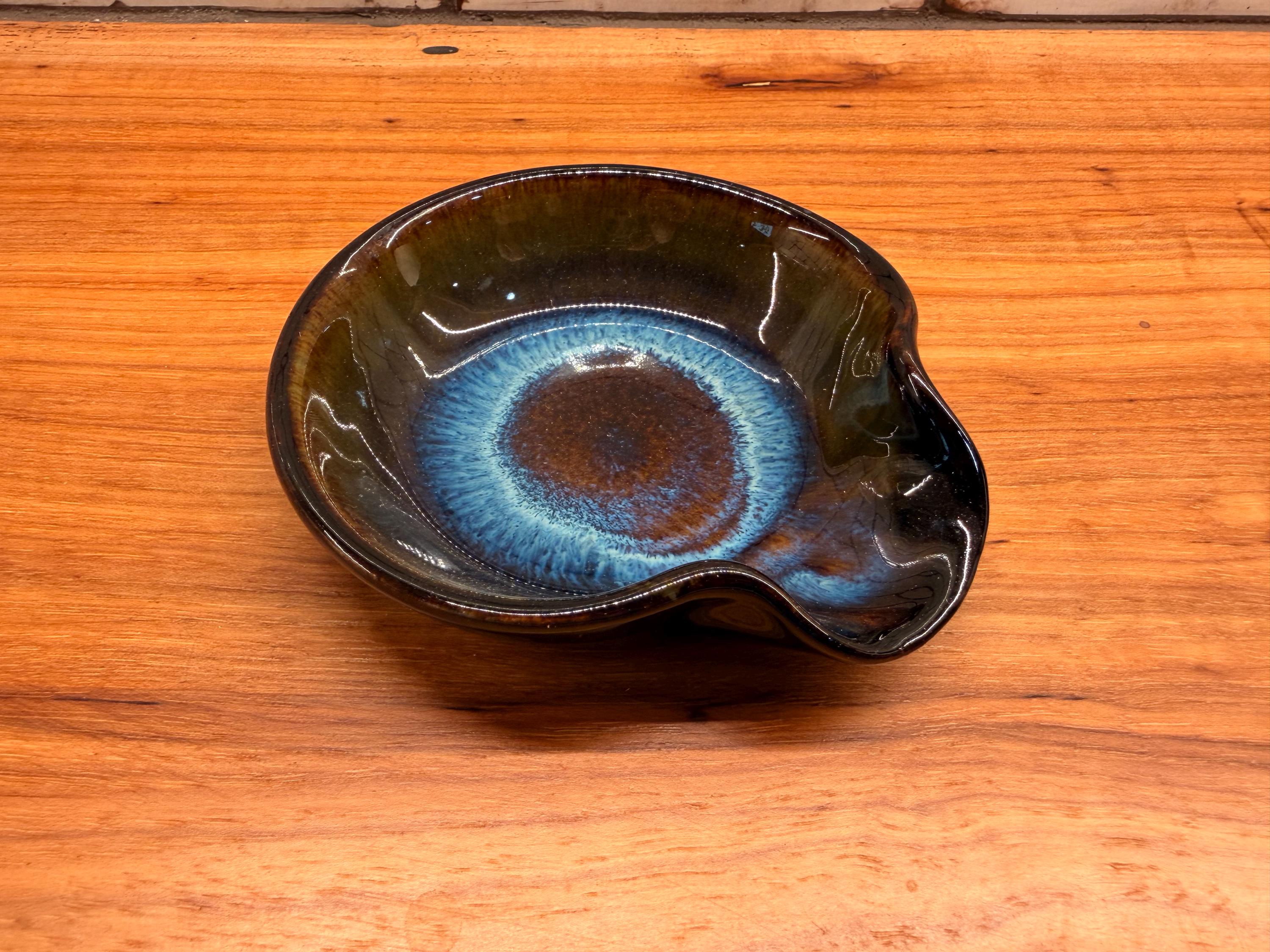 Handmade Studio Pottery Spoon Rest Blue Brown Reactive Glaze Ceramic Kitchen Rest