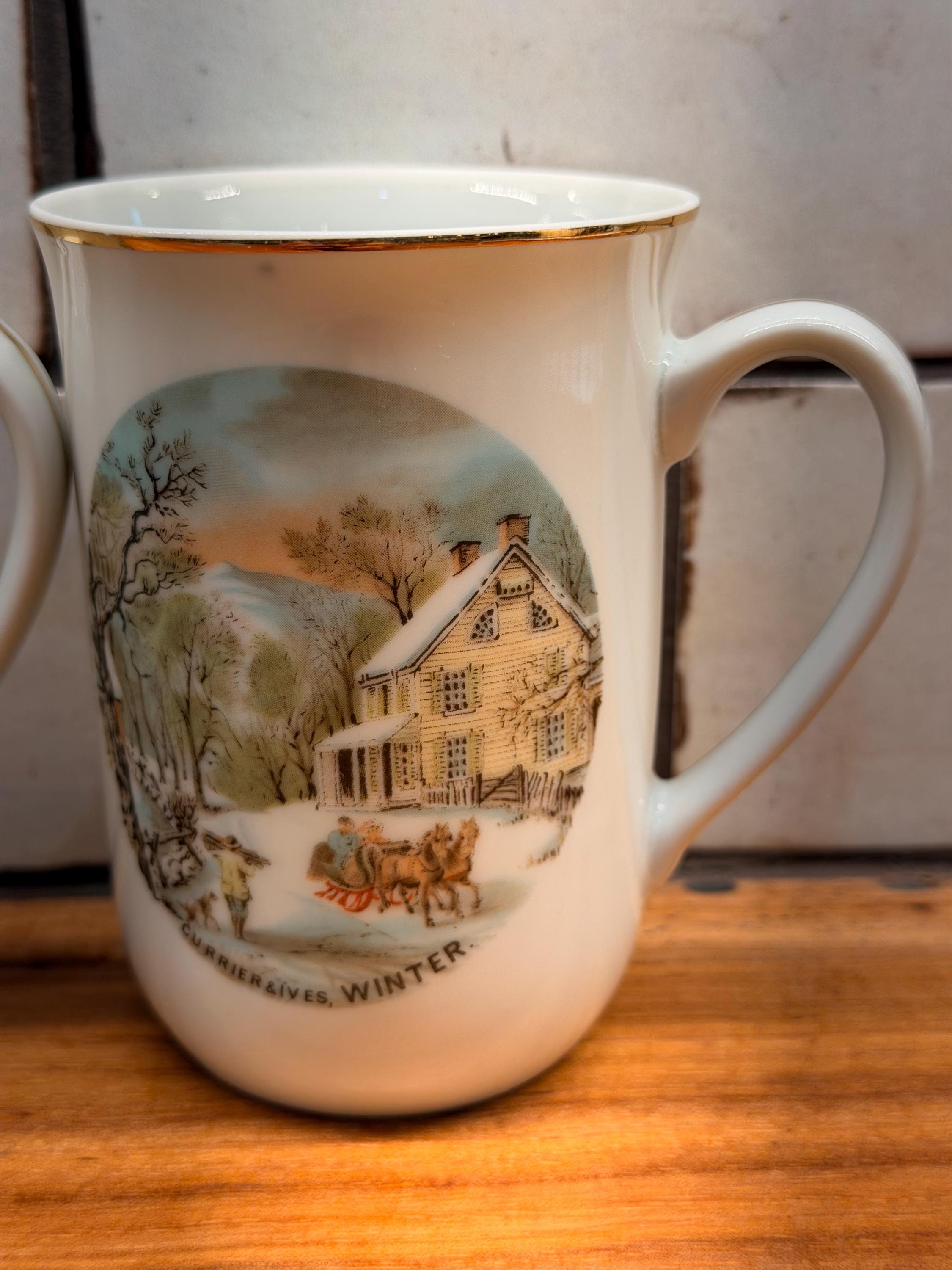 Vintage Currier & Ives Four Seasons Mugs | Gold Trim Fine China Coffee Cups