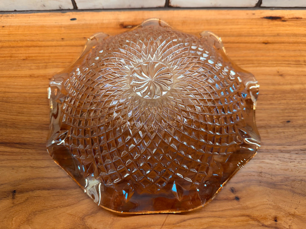 Vintage Amber Pressed Glass Serving Bowl Diamond Cut Scalloped Edge Fruit Bowl