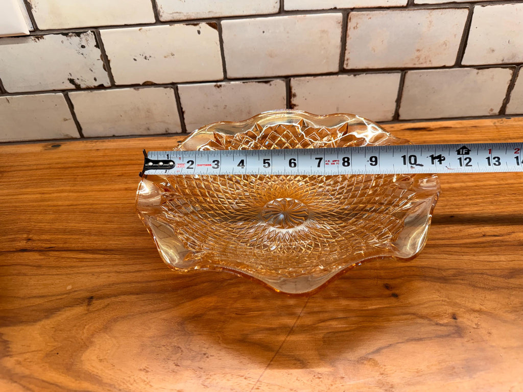 Vintage Amber Pressed Glass Serving Bowl Diamond Cut Scalloped Edge Fruit Bowl