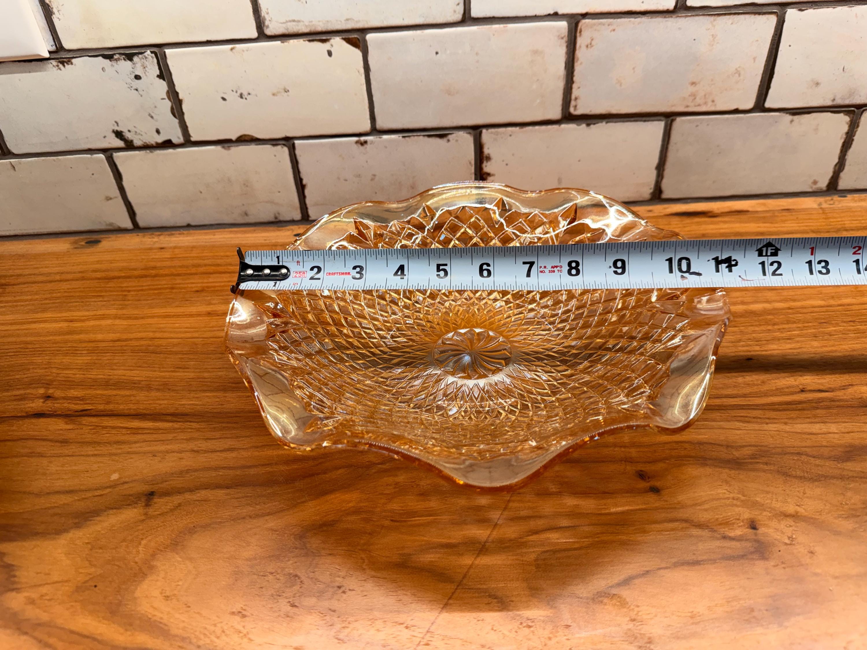 Vintage Amber Pressed Glass Serving Bowl Diamond Cut Scalloped Edge Fruit Bowl