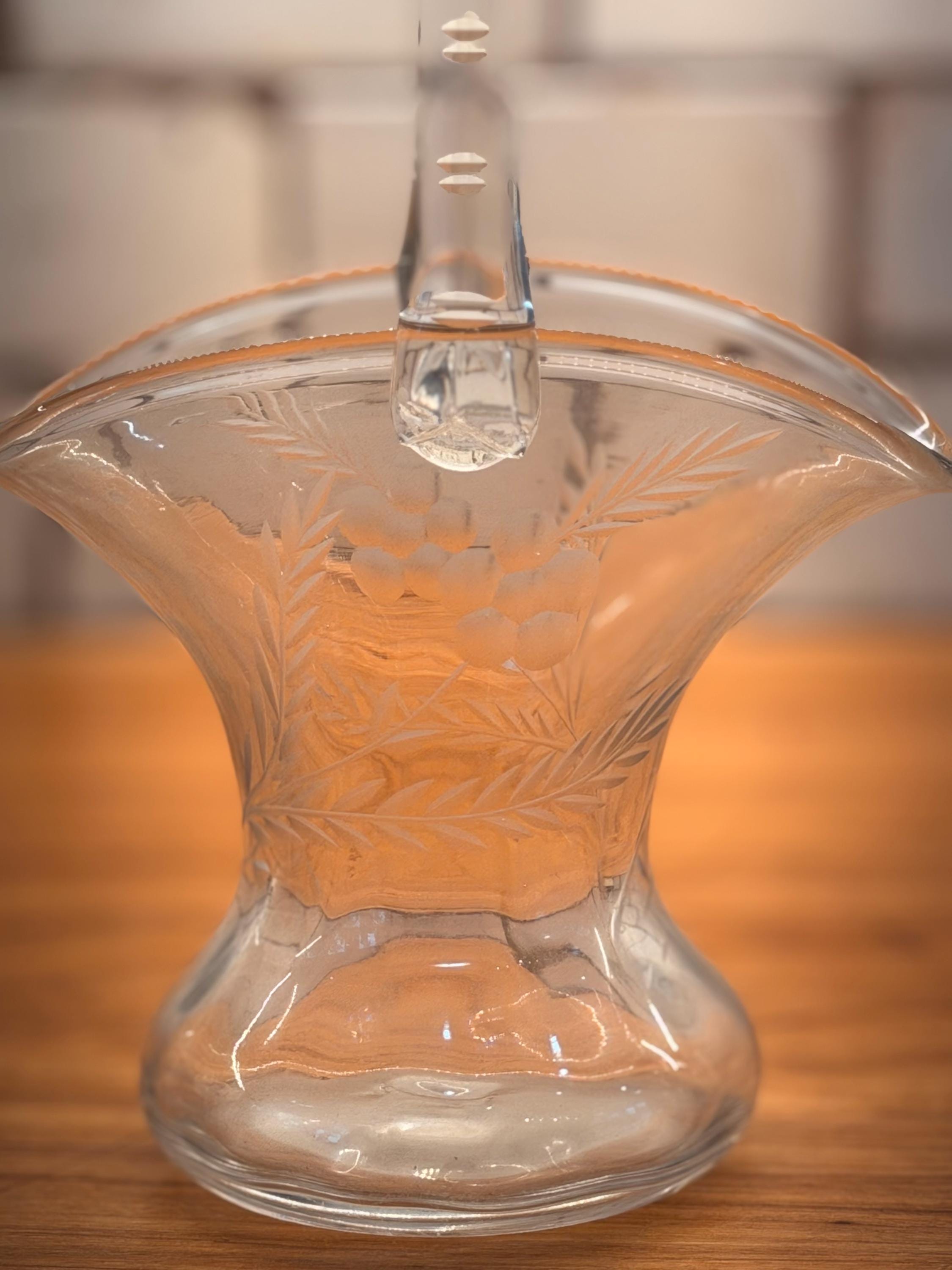 Vintage Etched Glass Basket Vase | Frosted Floral Trumpet Body